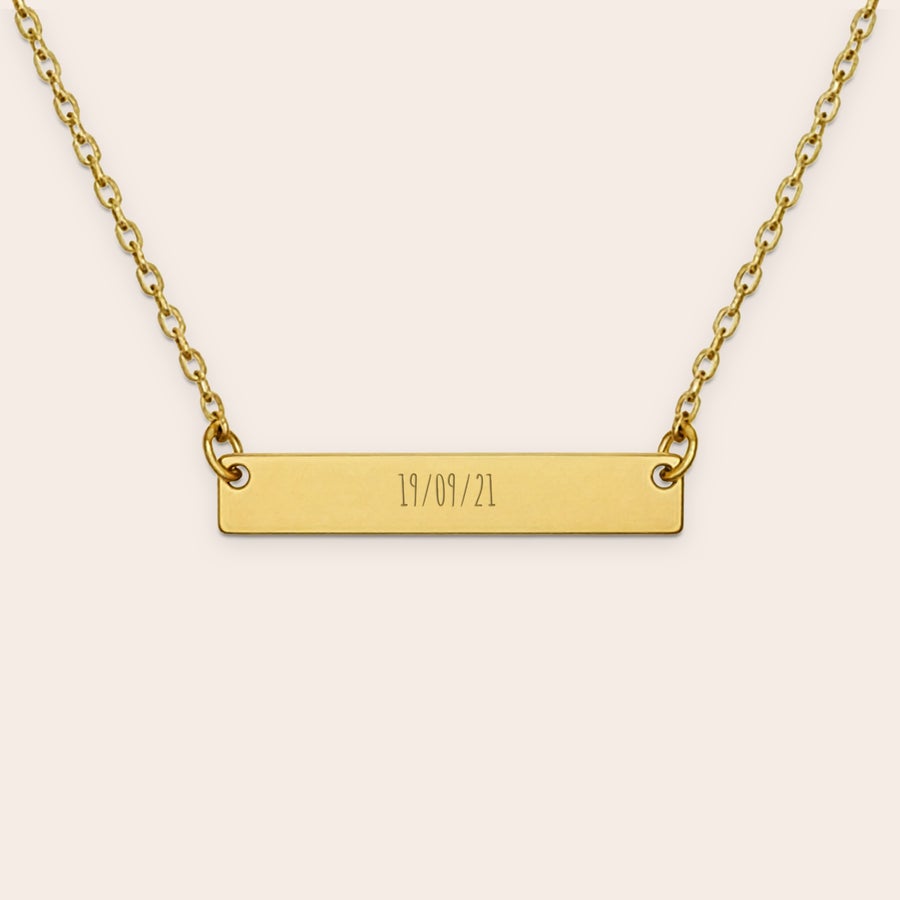 Flat bar necklace with name Personalised necklace with name - Gold, engraved with a custom date 19/09/21 on a bar pendant