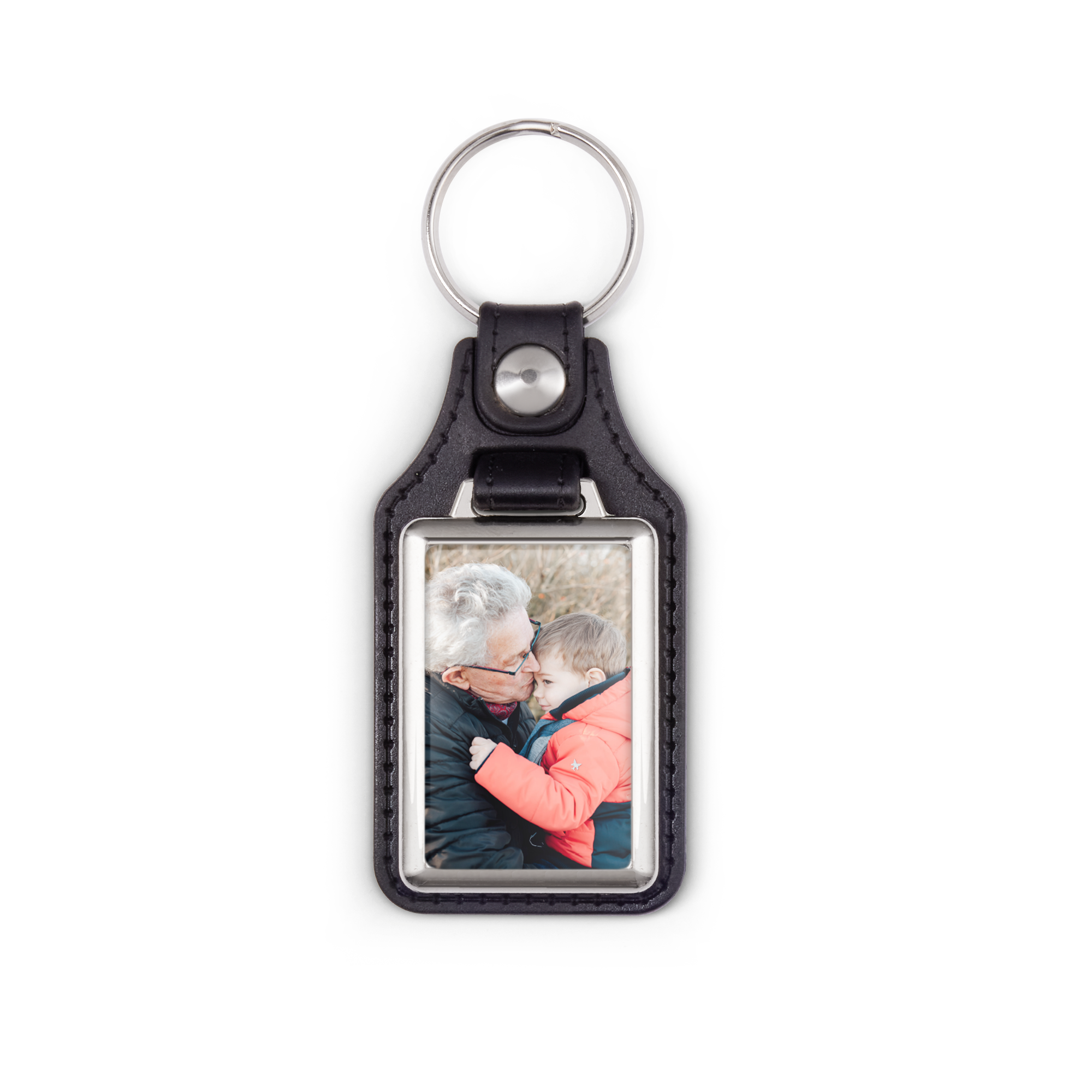 Llavero personalizado de piel con foto impresa de abuelo y nieto, ideal para regalo.