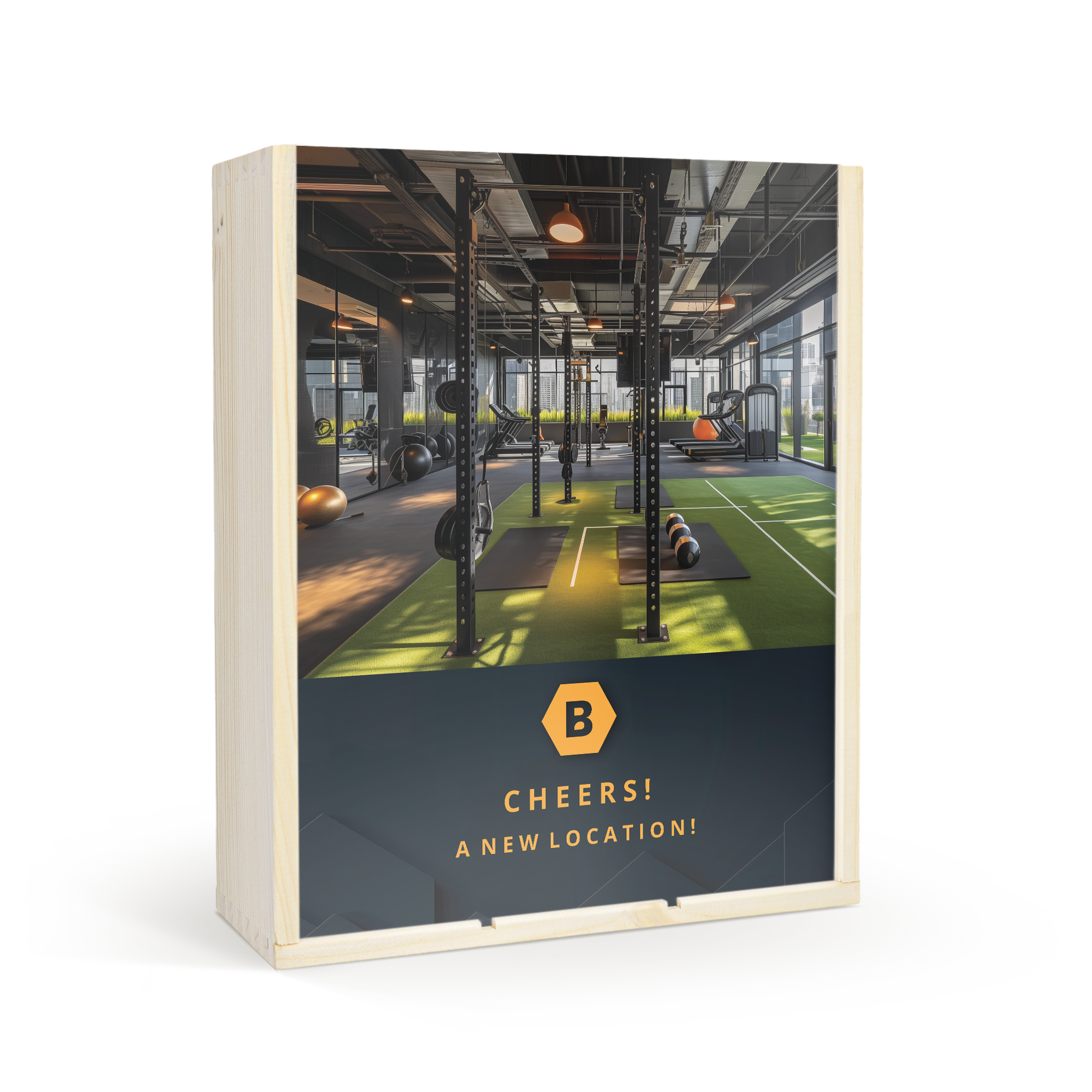 Personalized wooden wine case printed with a gym photo and "Cheers a new location" text