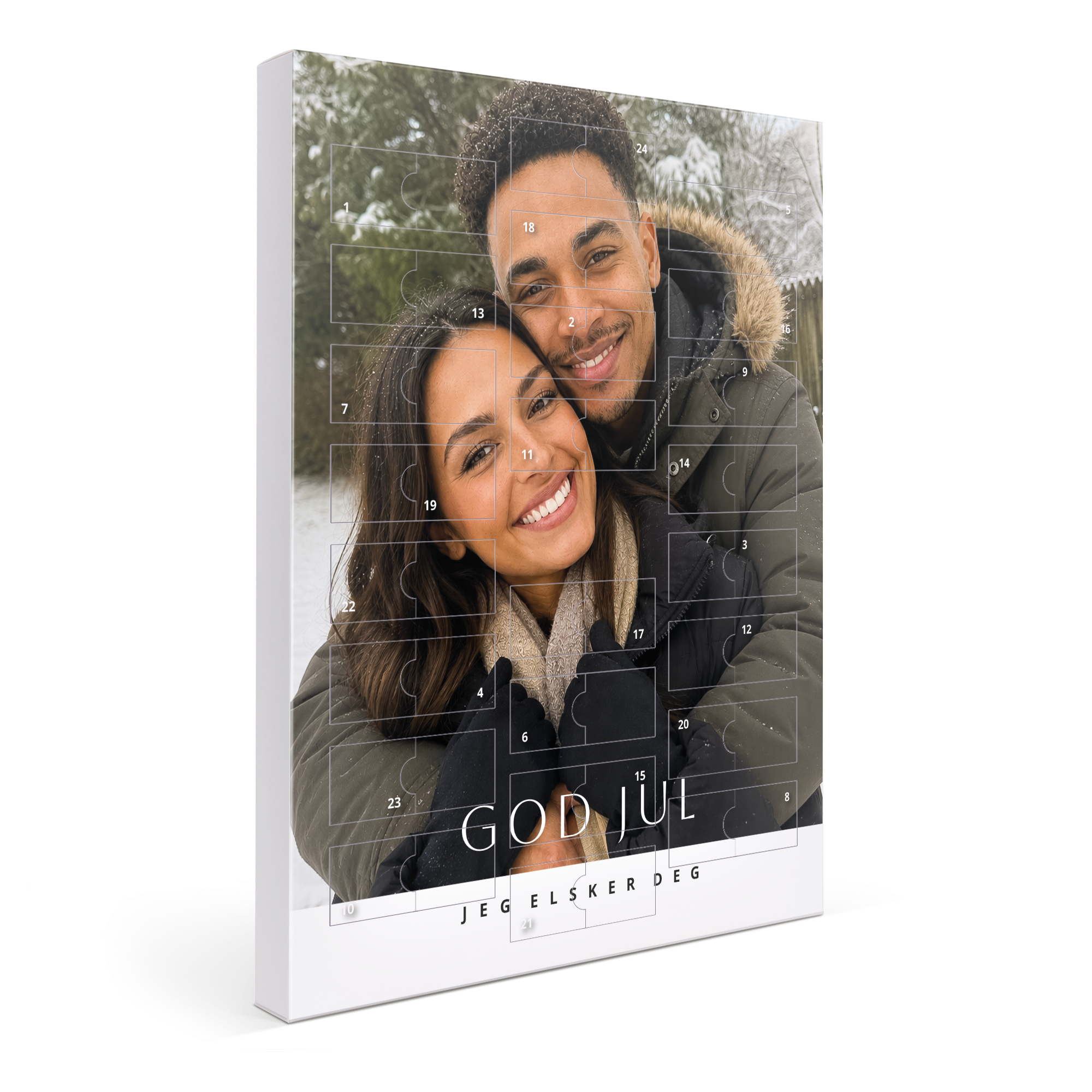 Egendesignet adventskalender - Toblerone med personlig bilde av et par, trykt tekst GOD JUL og JEG ELSKER DEG.