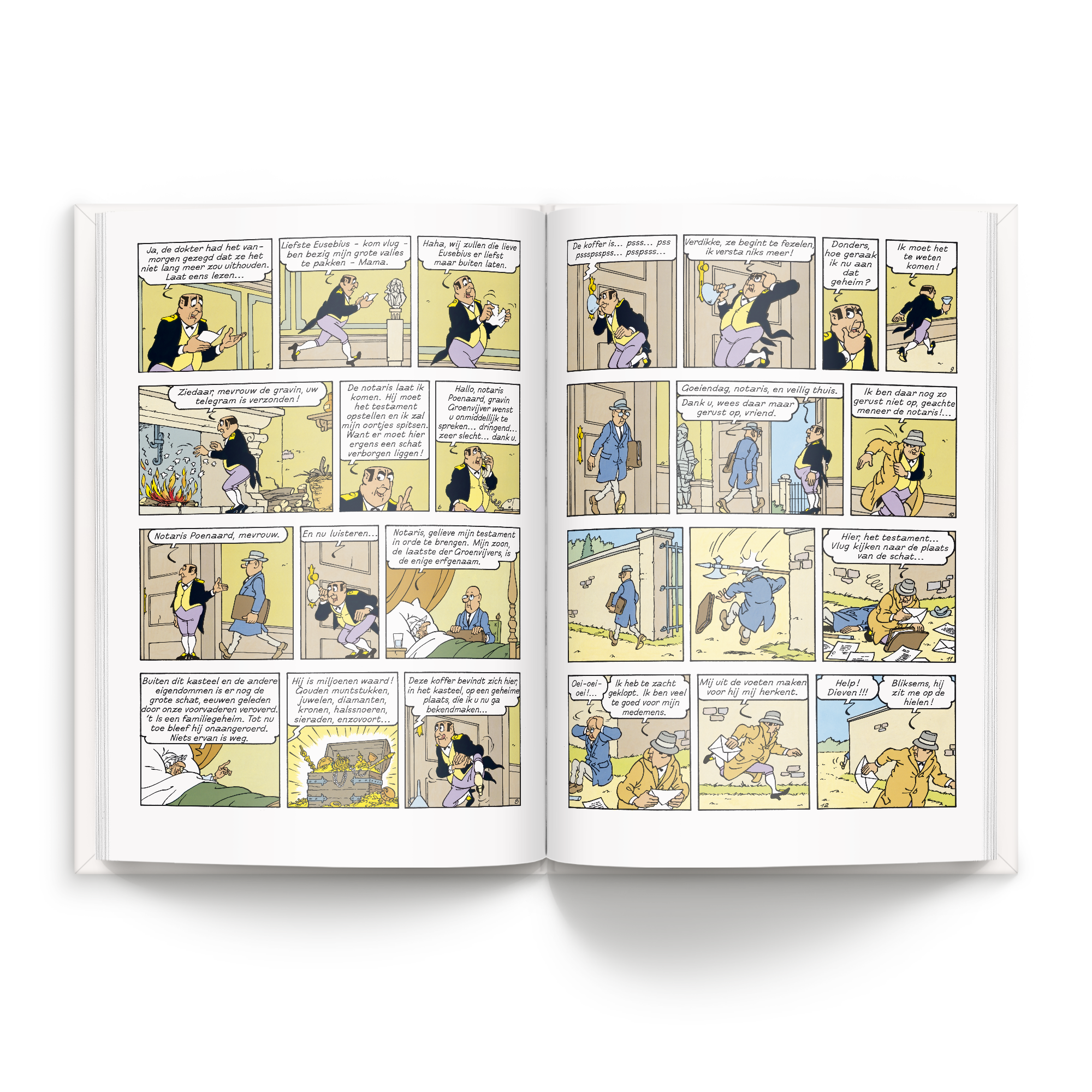 Persoonlijk stripboek - Jommeke 'De jacht op een voetbal' (Hardcover), met gepersonaliseerde tekst en afbeeldingen op een open geslagen pagina.