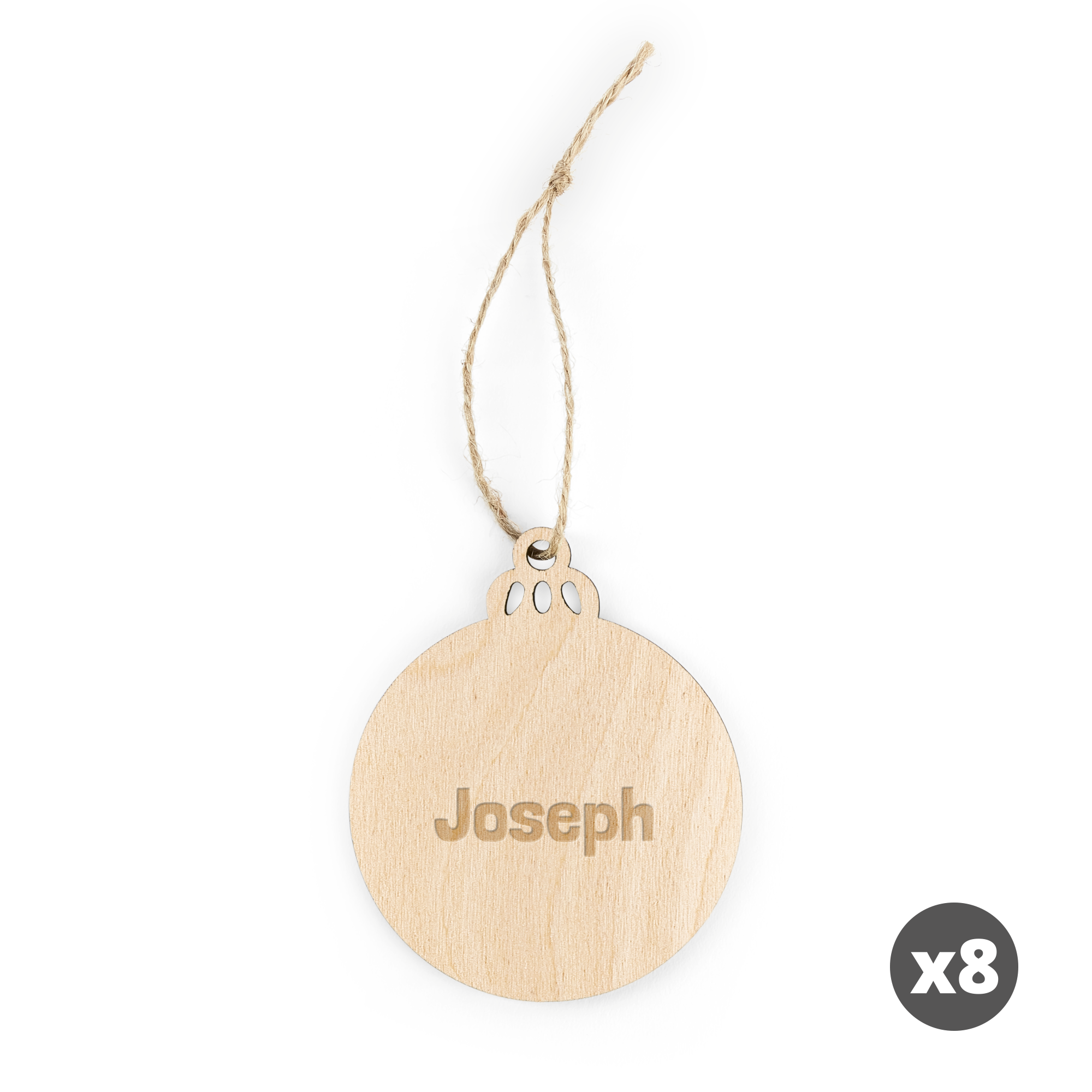 Décoration de Noël en forme de boule en bois gravée avec le prénom Joseph, avec cordon de suspension