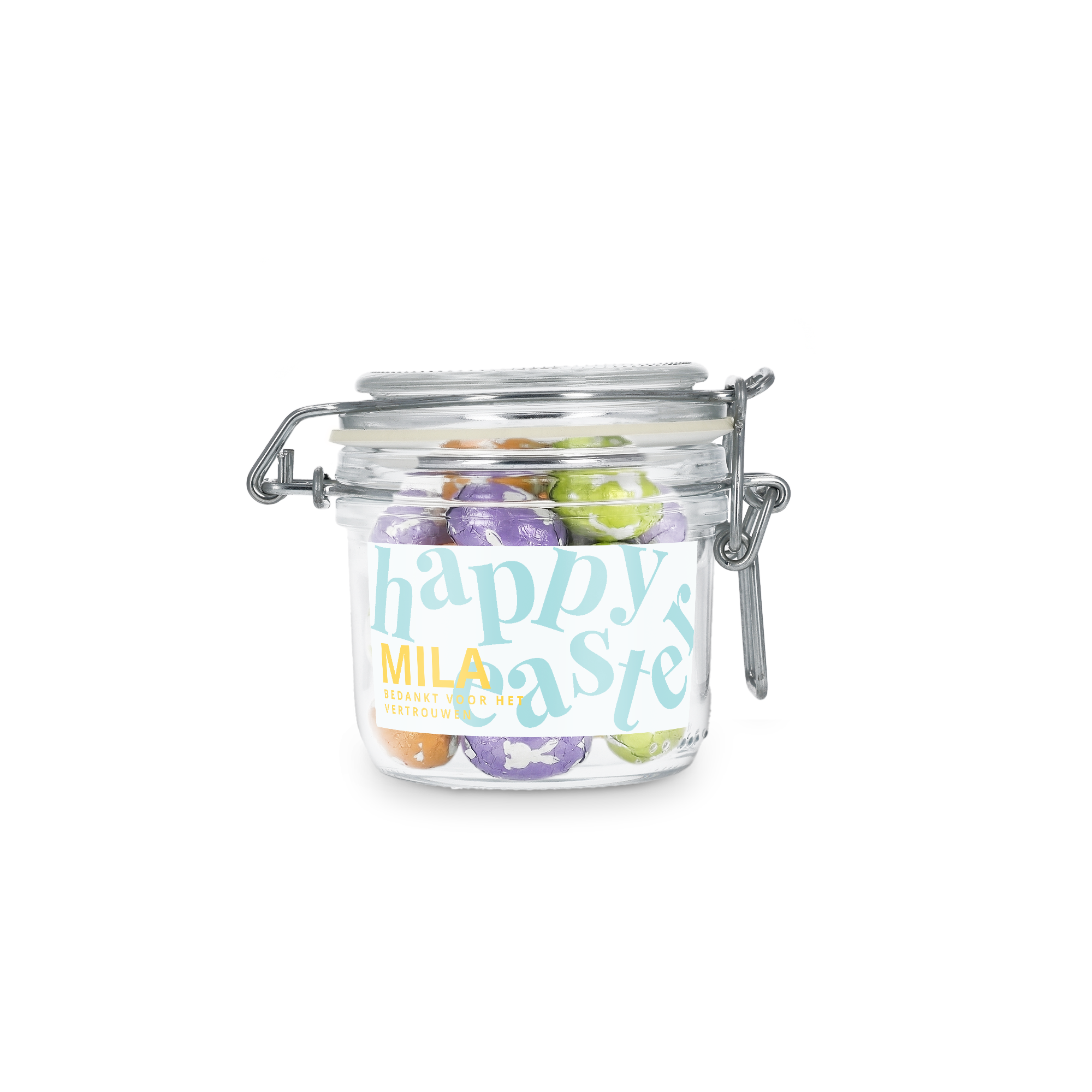 Chocolade paaseitjes in gepersonaliseerde pot - 200 ml met label bedrukt met 'Happy Easter', naam 'Mila' en de tekst 'Bedankt voor het vertrouwen'.