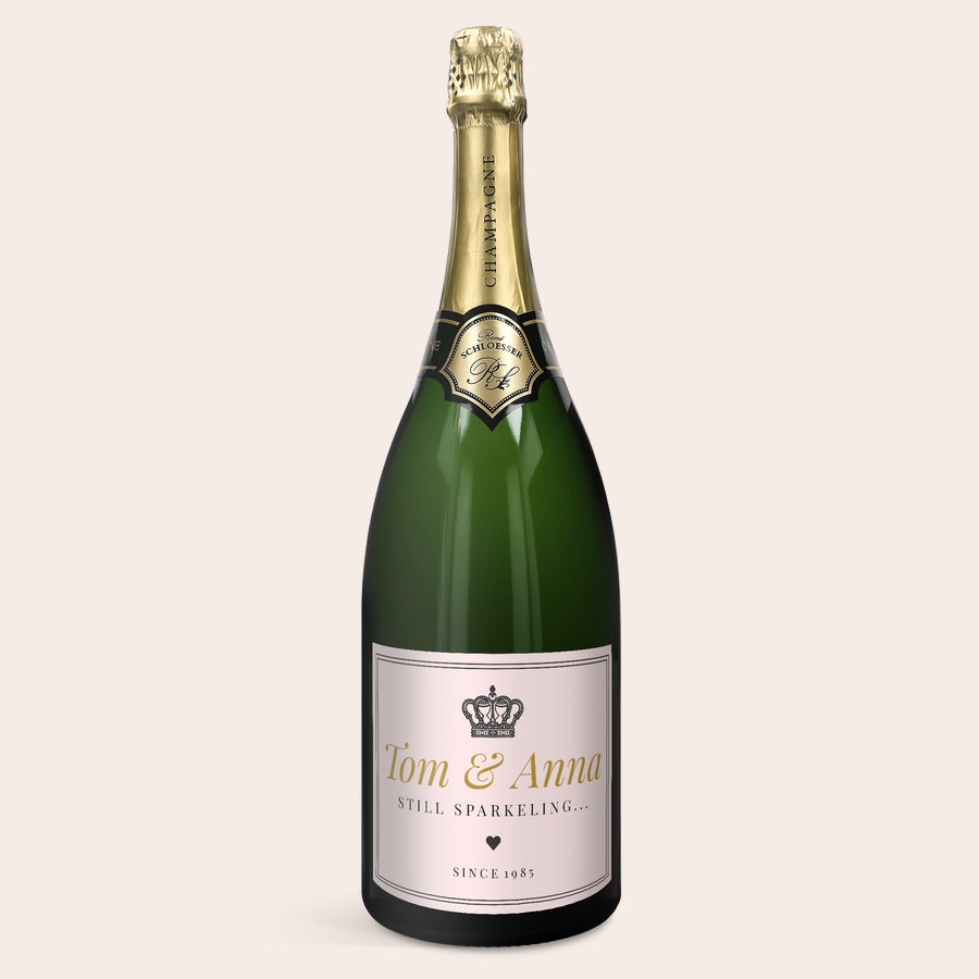 René Schloesser Magnum Garrafa de champanhe René Schloesser com rótulo personalizado impresso com os nomes "Tom & Anna" e "Since 1985" para celebrar qualquer ocasião