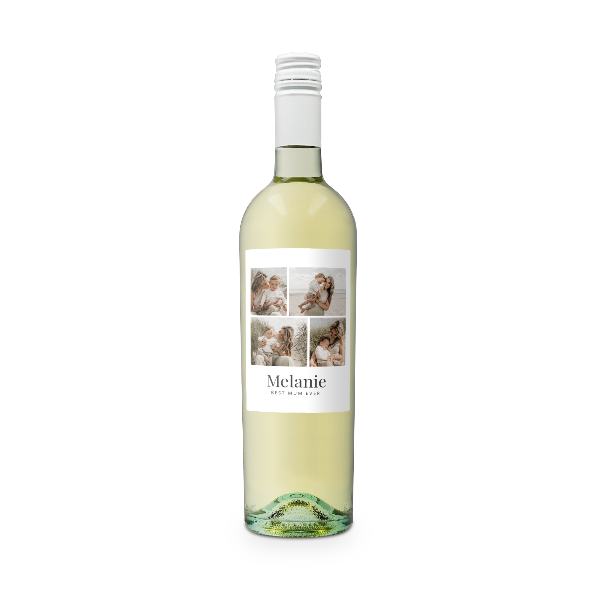 Láhev vína Riondo Pinot Grigio s vlastní etiketou a čtyřmi fotkami. Jméno Melanie a nápis Best Mum Ever.