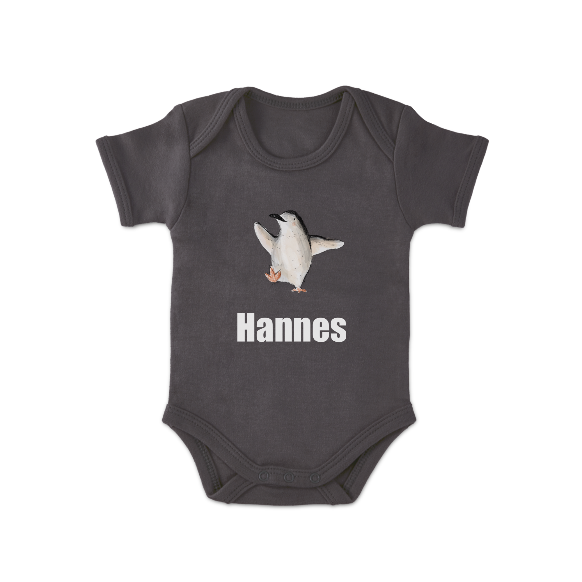 Grauer Babybody bedruckt mit einem Pinguinmotiv und dem Namen Hannes