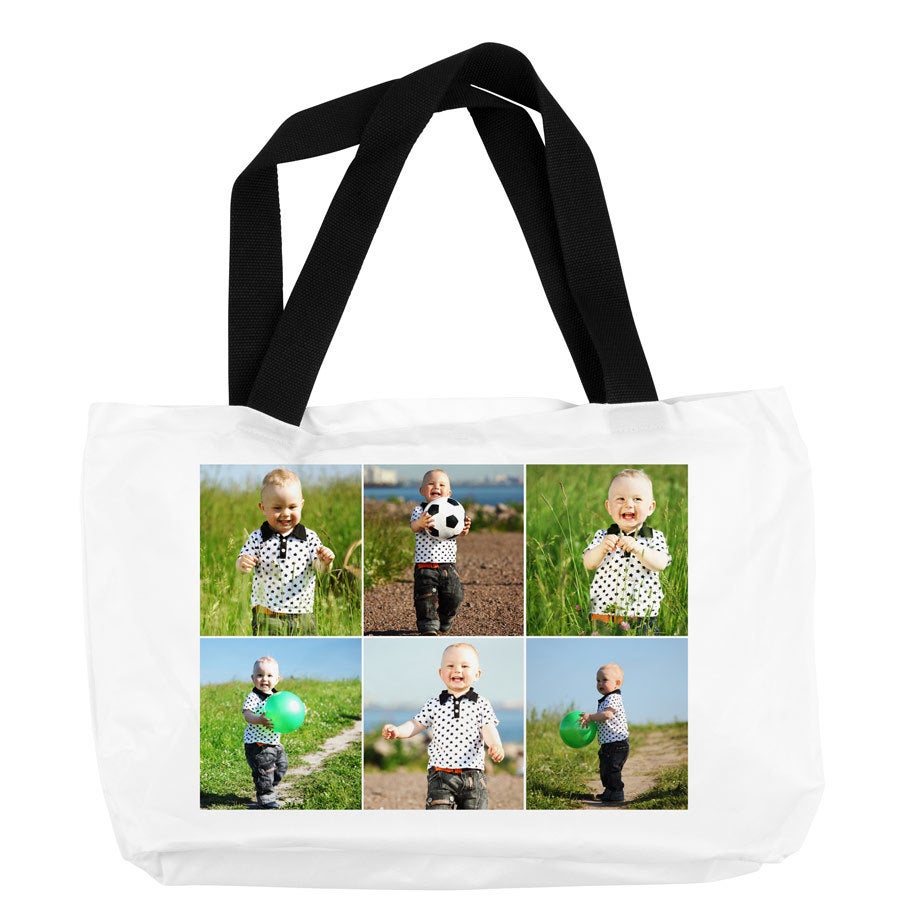Sacola de compras branca personalizada com fotos de bebê e nome impresso em ambos os lados