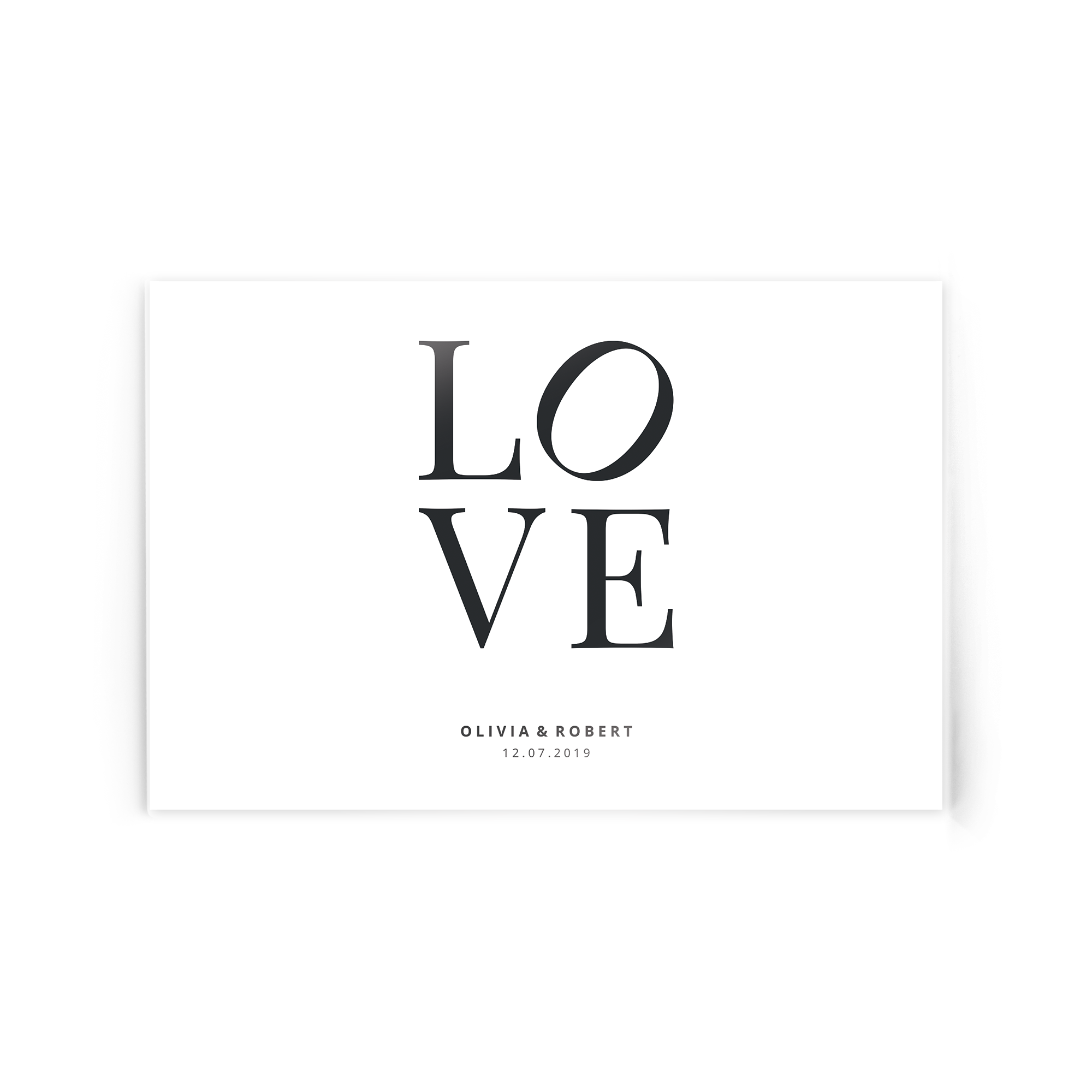 Foto en acrílico impresa con la palabra "LOVE" y los nombres Olivia & Robert con la fecha 12.07.2019.