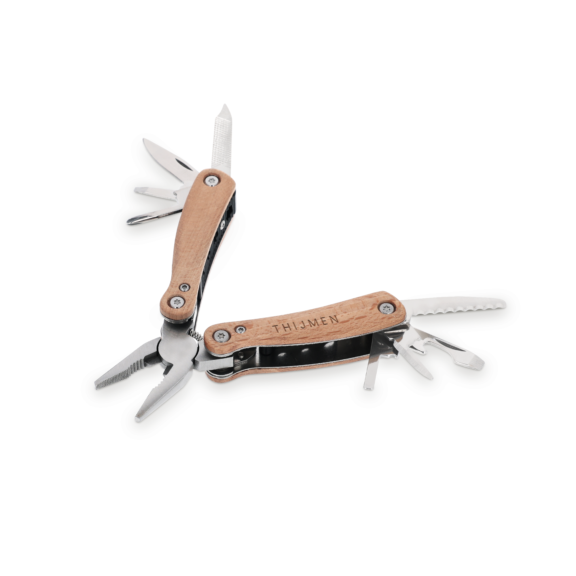 Multitool van beukenhout met de naam 'THIJMEN' erin gegraveerd, een persoonlijk en handig cadeau.