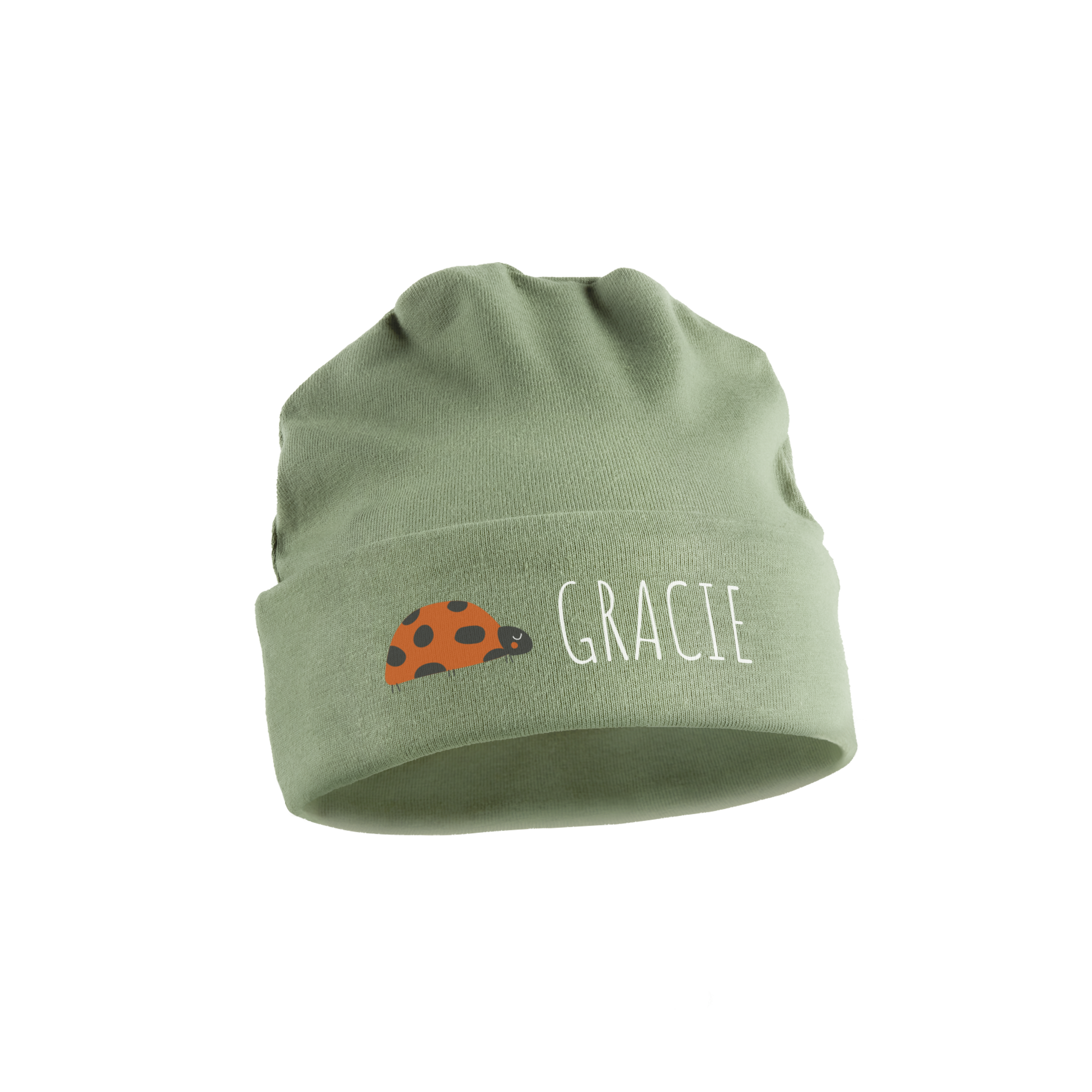 Pălărie drăguță imprimată pentru bebeluși, verde, cu un gândac roșu și numele Gracie, personalizabilă cu un text la alegere.