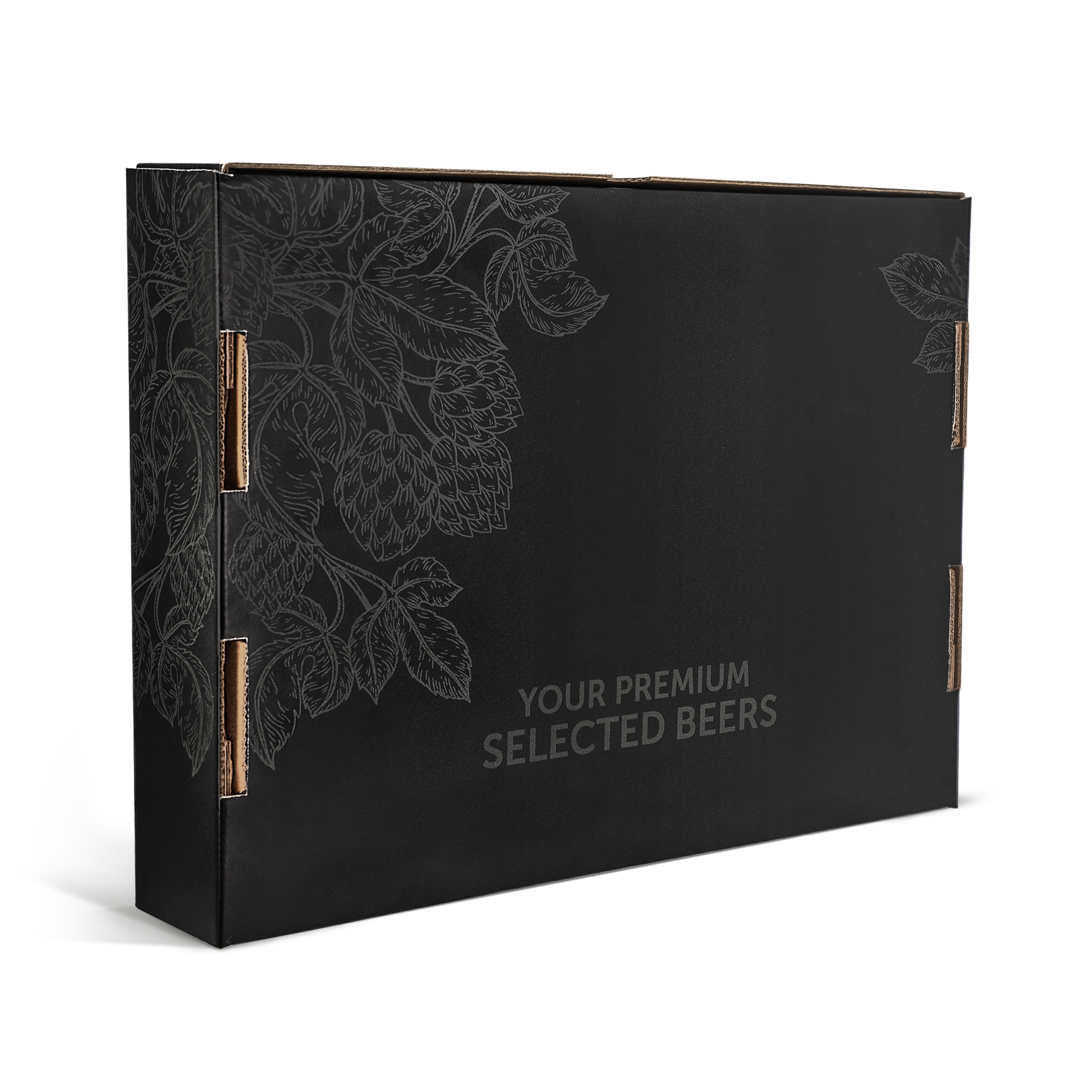 Black personalized beer gift set for Father's Day, with "Your Premium Selected Beers" text and a hop plant design.