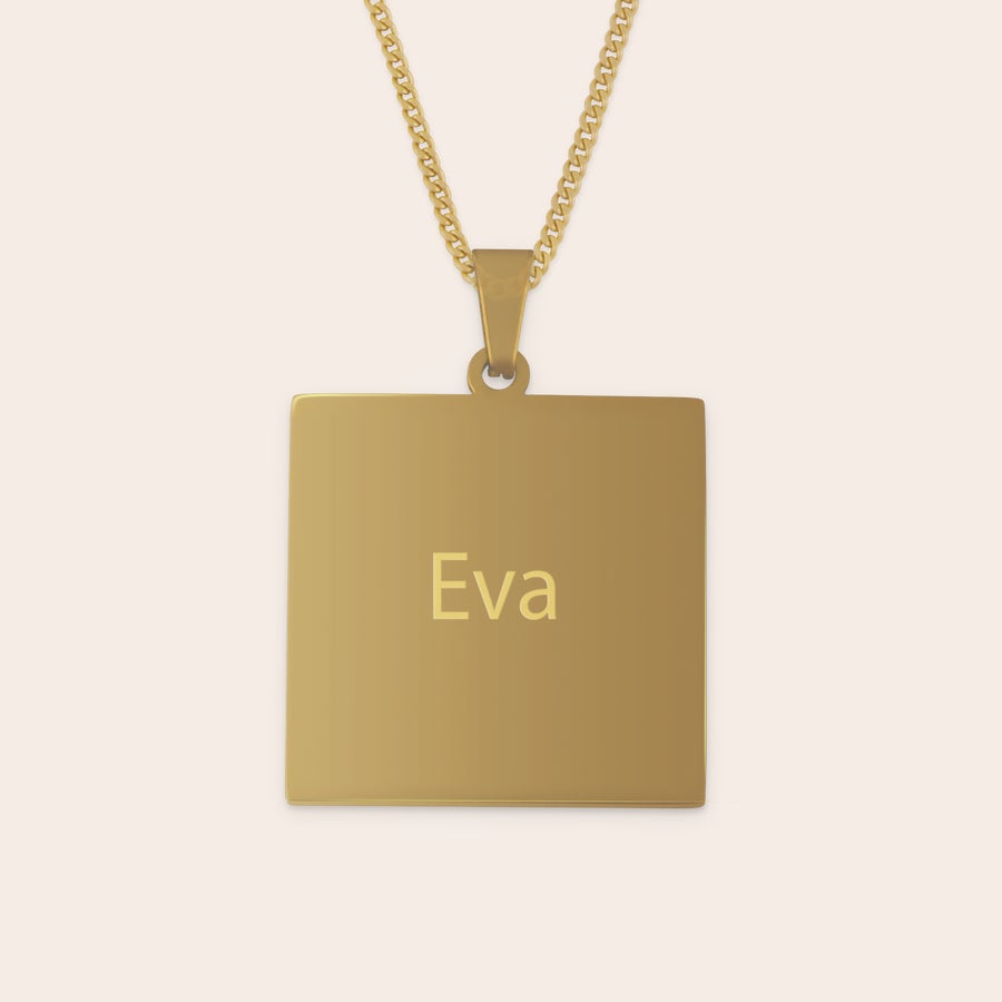 Ketting met vierkante hanger Goudkleurige vierkante hanger met de naam 'Eva' gegraveerd, een unieke goudkleurige hanger met naam