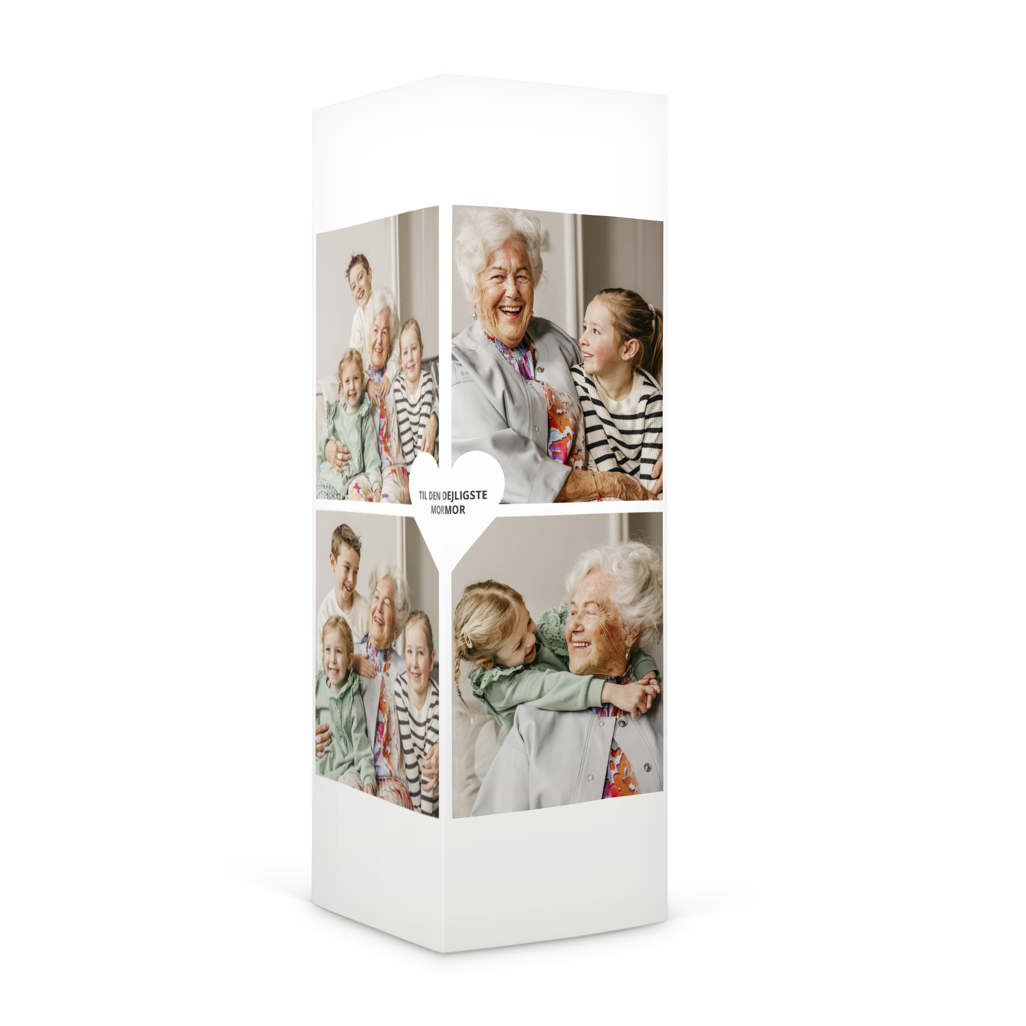 Personlig slik gave med lakrids i et tårn, trykt med billeder af bedstemor og børnebørn og teksten Til den dejligste mormor.