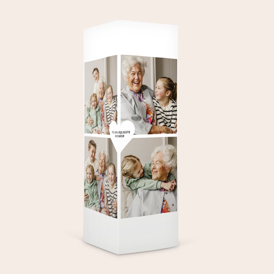 Slikgave med navn og billede Personlig slik gave med lakrids i et tårn, trykt med billeder af bedstemor og børnebørn og teksten Til den dejligste mormor.