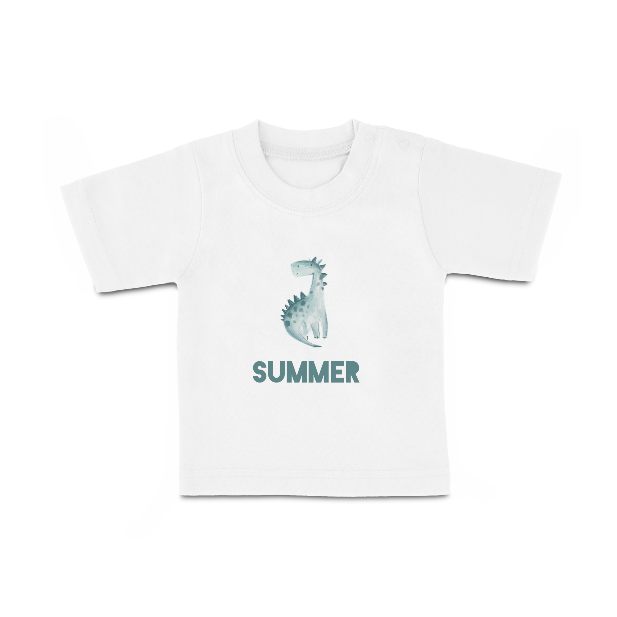 Hvit baby-t-skjorte med trykt blå dinosaurmotiv og navnet "SUMMER".