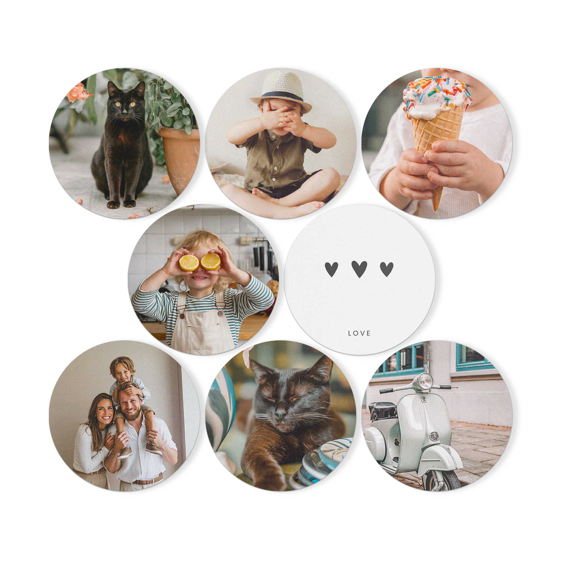 A collage of various personalized round forex wall art panels with different photos and designs