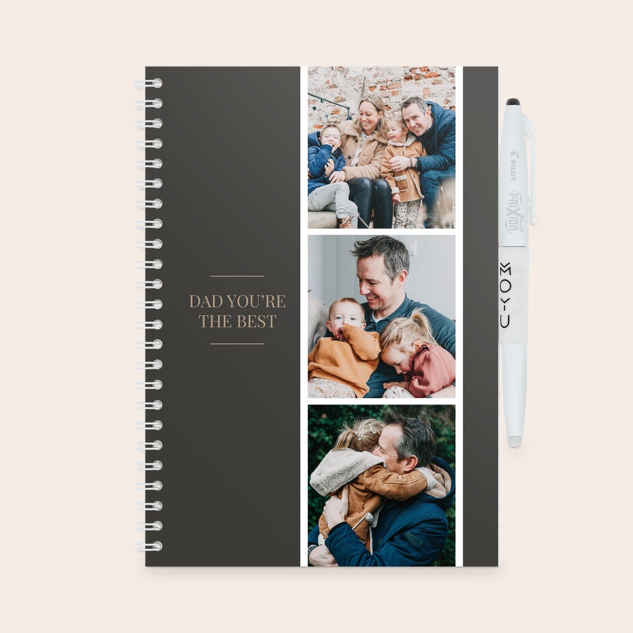 Caiet personalizat MOYU Erasable Caiet personalizat de șters MOYU, negru, cu copertă imprimată cu 3 fotografii de familie și textul Dad You're The Best, include un pix.