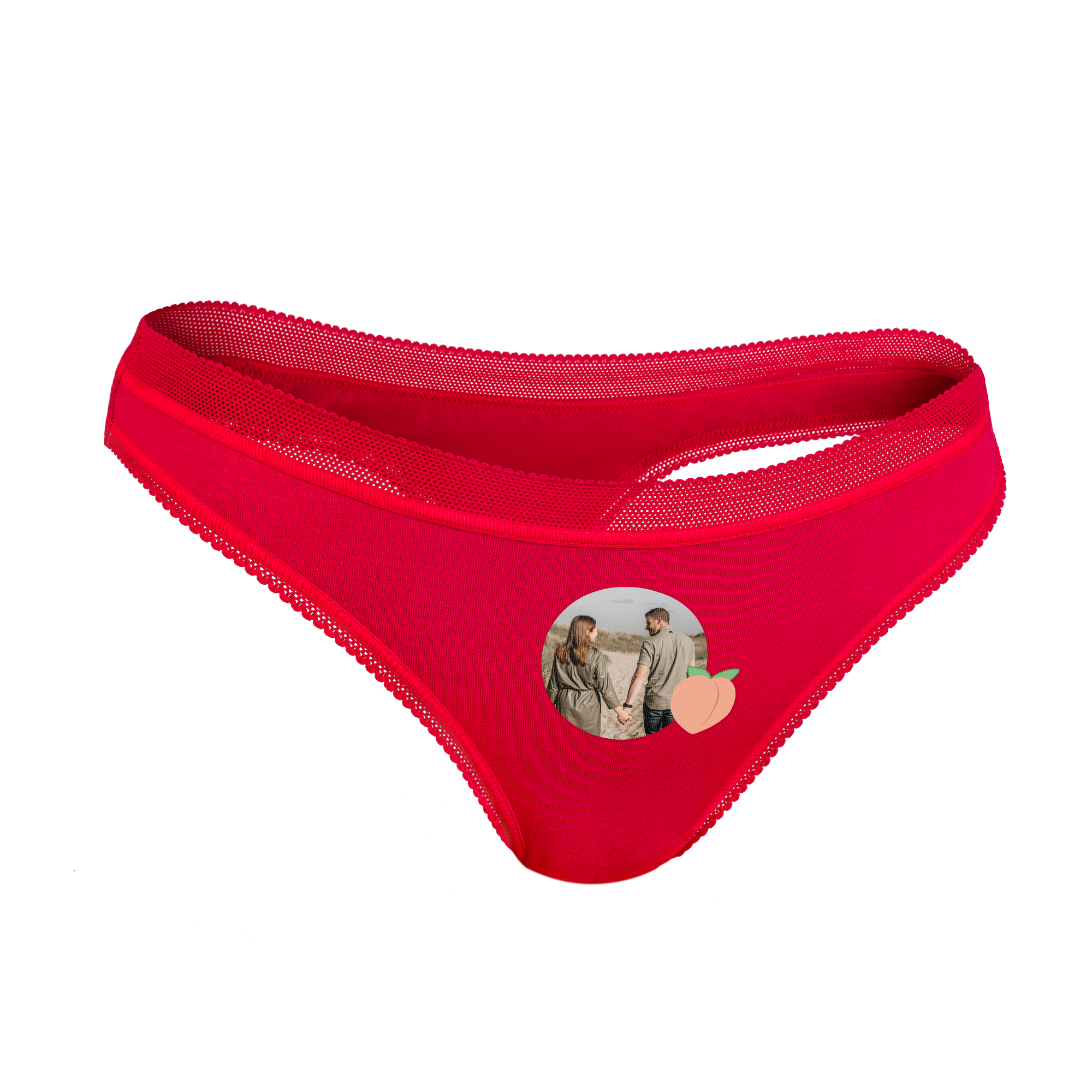 Červené tangáče s vytlačenou fotografiou páru držiacich sa za ruky a broskyňou, personalizované tangáče pre ženy.