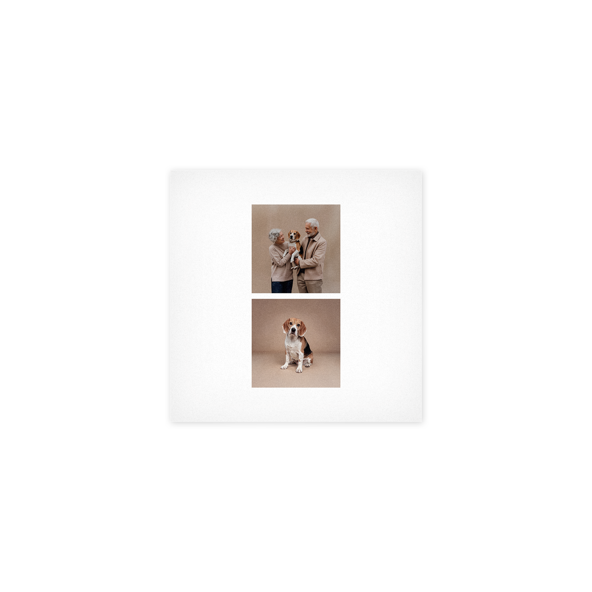 Et foto på forex med print af to billeder, bedsteforældre med en hund og en hund siddende alene, perfekt til væggen.