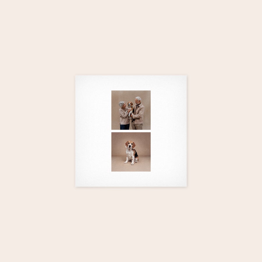 Foto auf Forex Personalisierte Forex Platte mit zwei Fotos, oben ein älteres Paar mit Hund, darunter ein Hund alleine. Lassen Sie Ihr Foto auf Forex drucken.