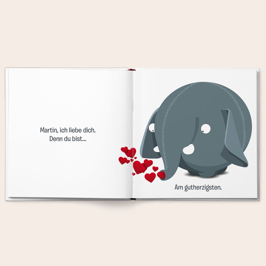 Du bist mein Valentin/Liebling - Buch zum Valentinstag Personalisiertes Ollimania-Buch offen mit Text Martin ich liebe dich und Elefantenillustration mit Herzen.