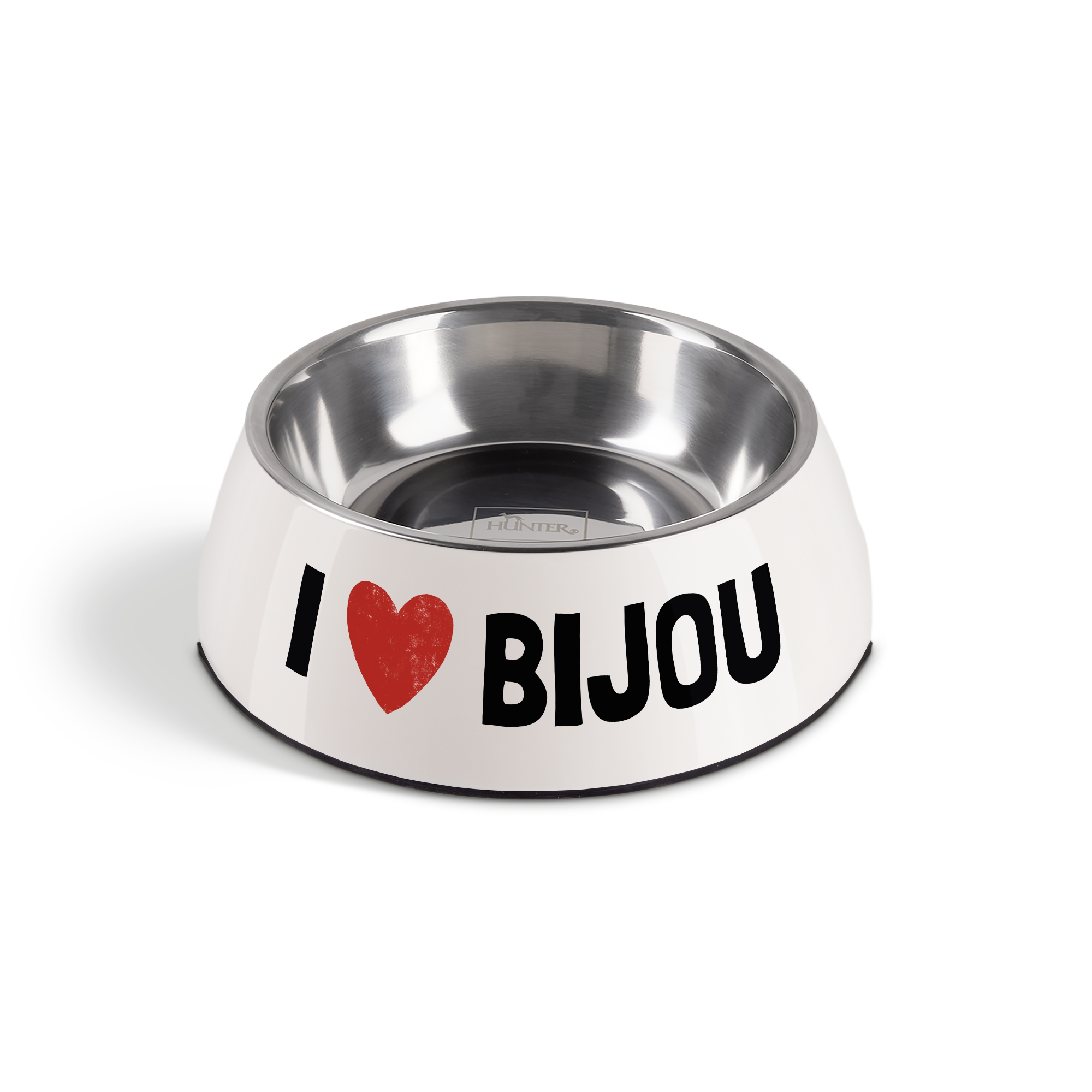 Gamelle pour chien blanche en mélaminé et acier inoxydable imprimée avec un cœur rouge et le texte "I Bijou" personnalisable