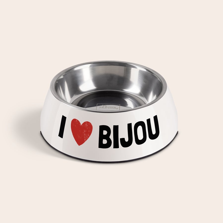 Gamelle pour chien Gamelle pour chien blanche en mélaminé et acier inoxydable imprimée avec un cœur rouge et le texte "I Bijou" personnalisable