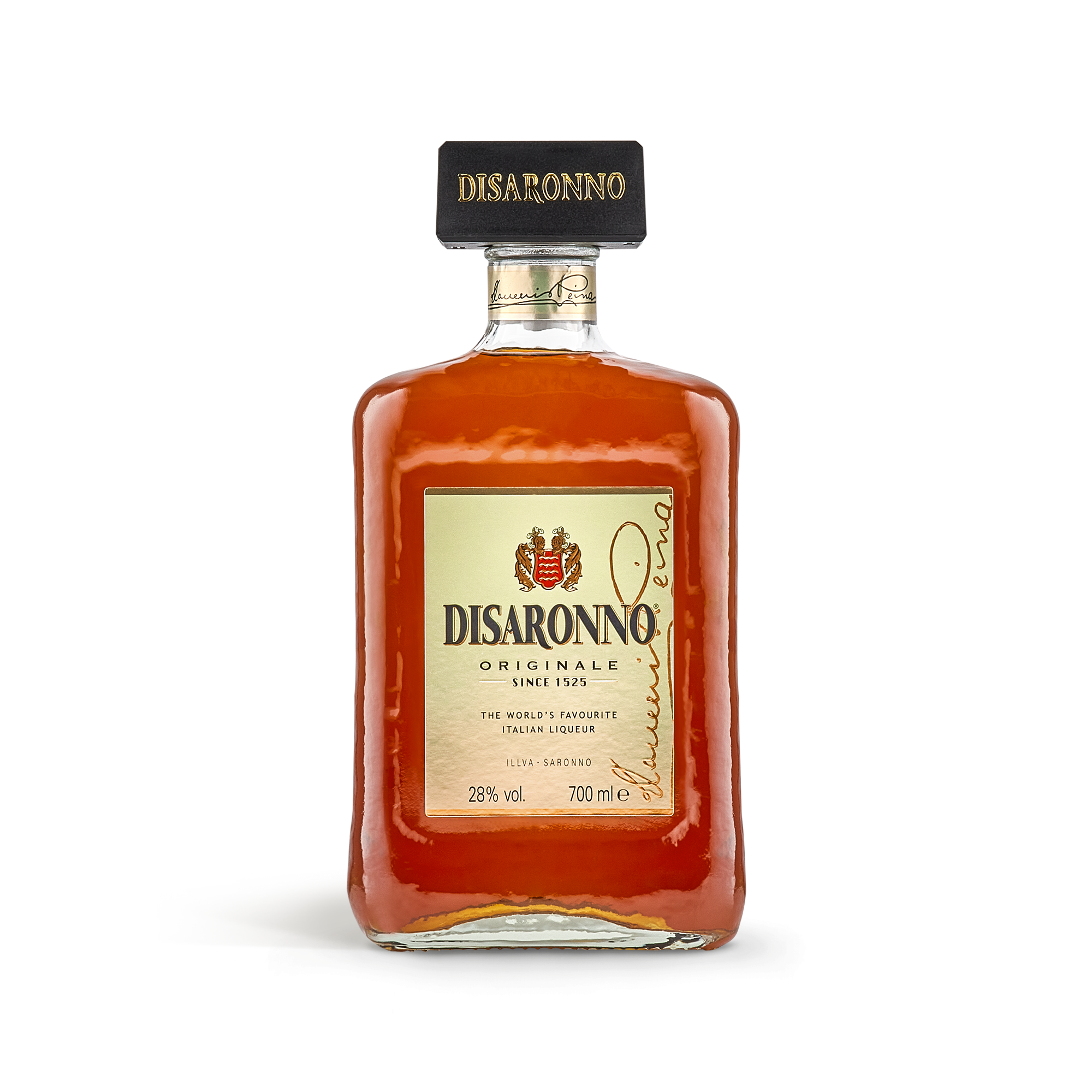 Bouteille d'Amaretto Di Saronno, liqueur italienne, avec étiquette Disaronno et bouchon noir.