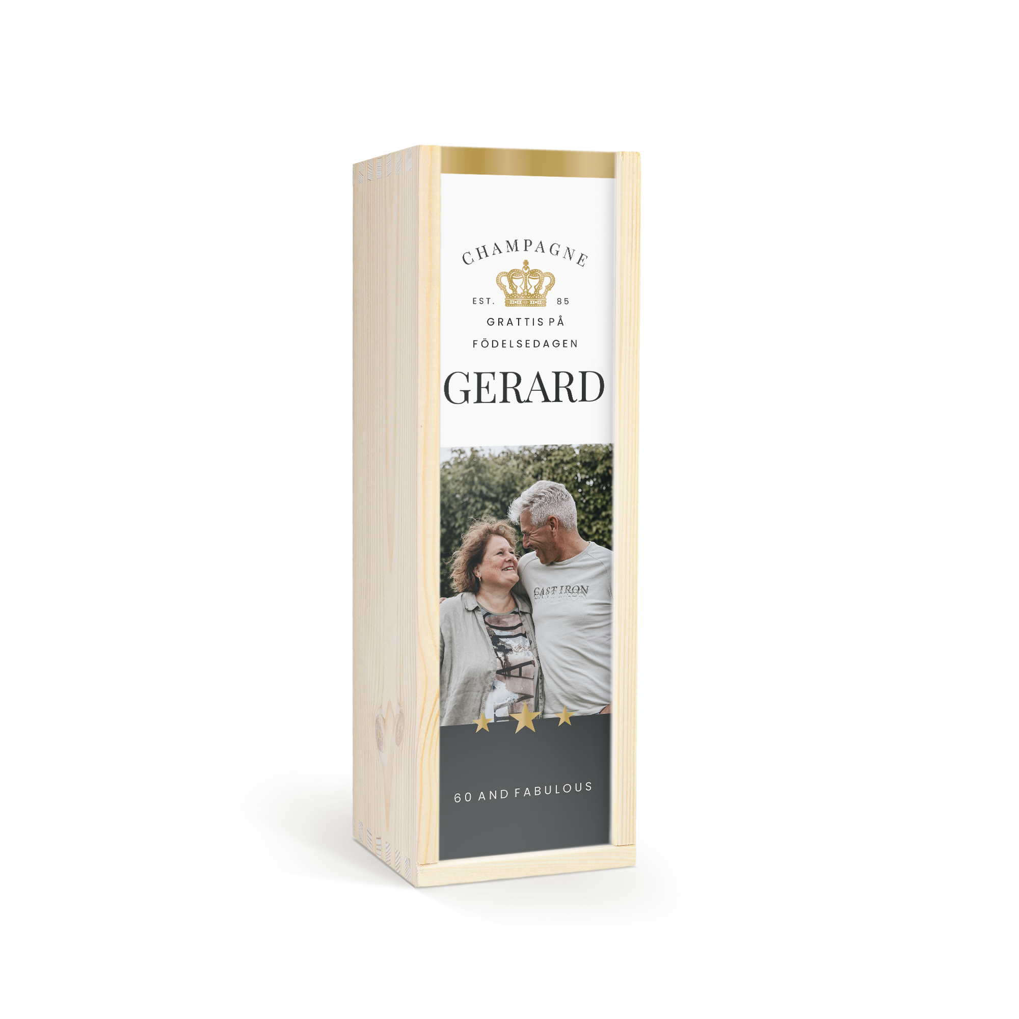 Personifierad champagnekista med foto av ett par texten Gerard och 60 And Fabulous för att överraska med en flaska utsökt Pol Roger champagne.