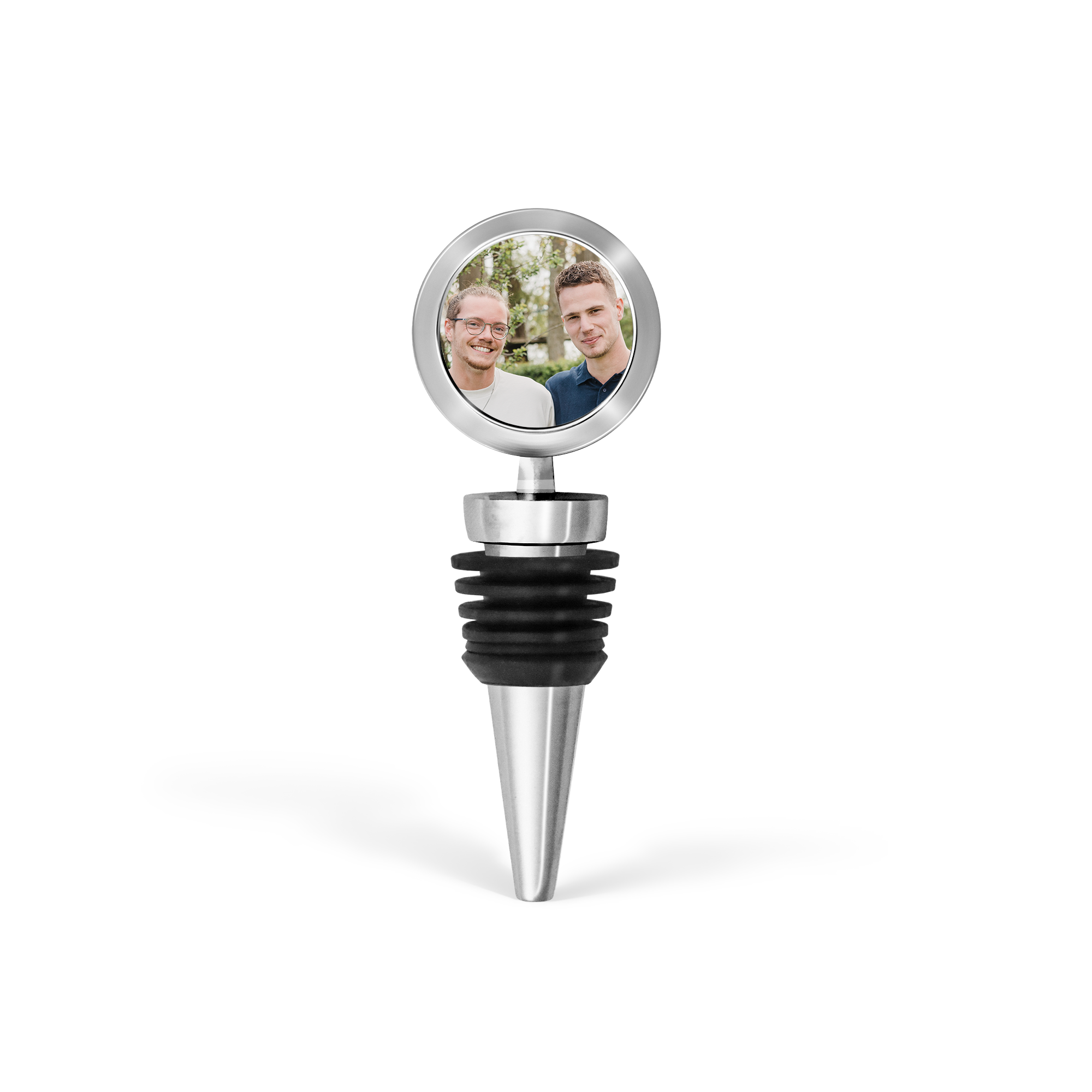 Personalised wine stopper with a printed photo of two men on the silver top