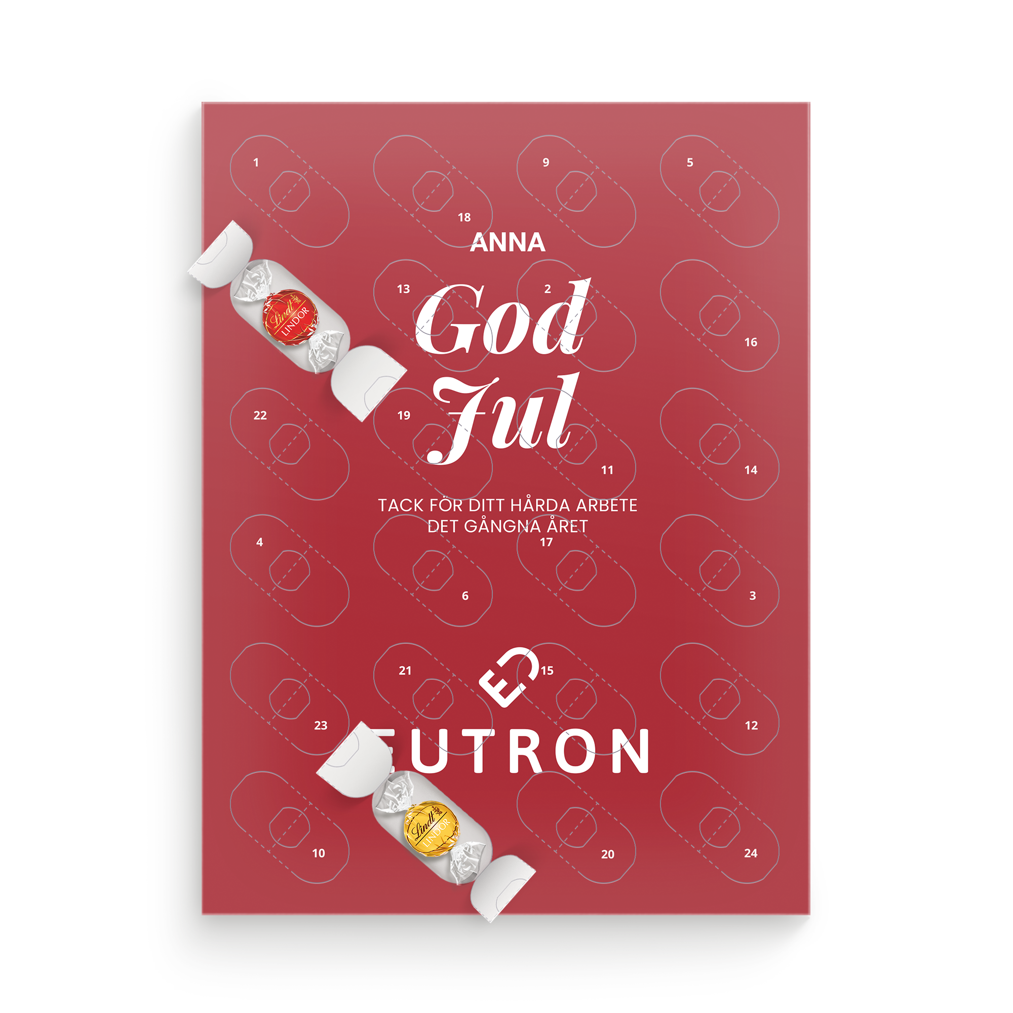 Röd personaliserad adventskalender med Lindor Assorti Mix tryckt med eget namn och julhälsning