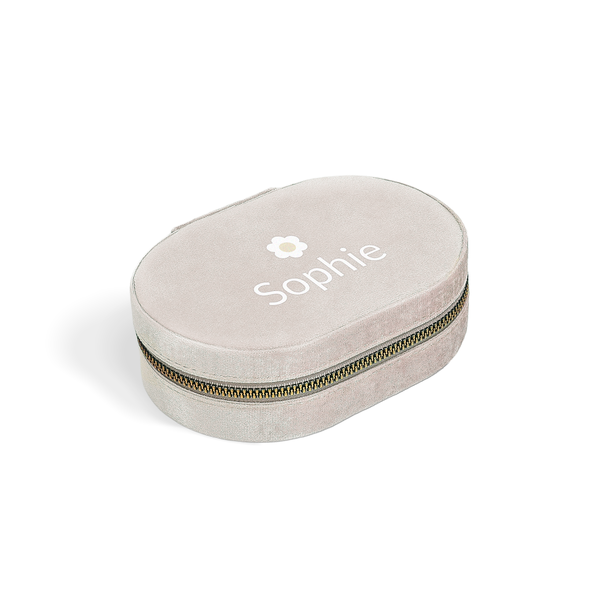 Personalised jewellery box Oval Beige with printed name Sophie and flower icon