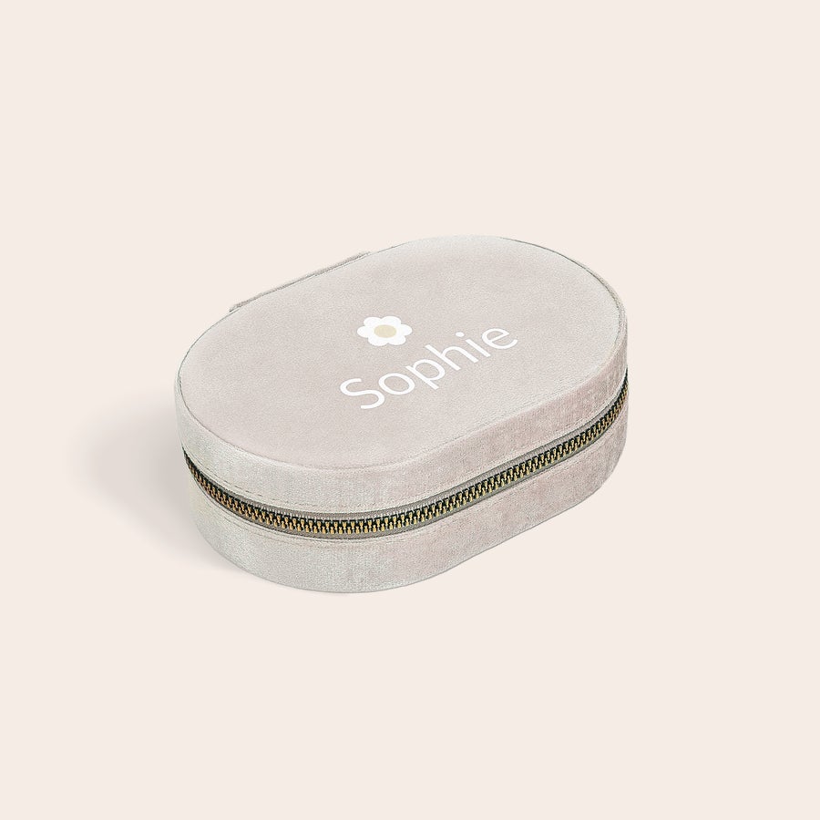 Personalised jewellery box Personalised jewellery box Oval Beige with printed name Sophie and flower icon
