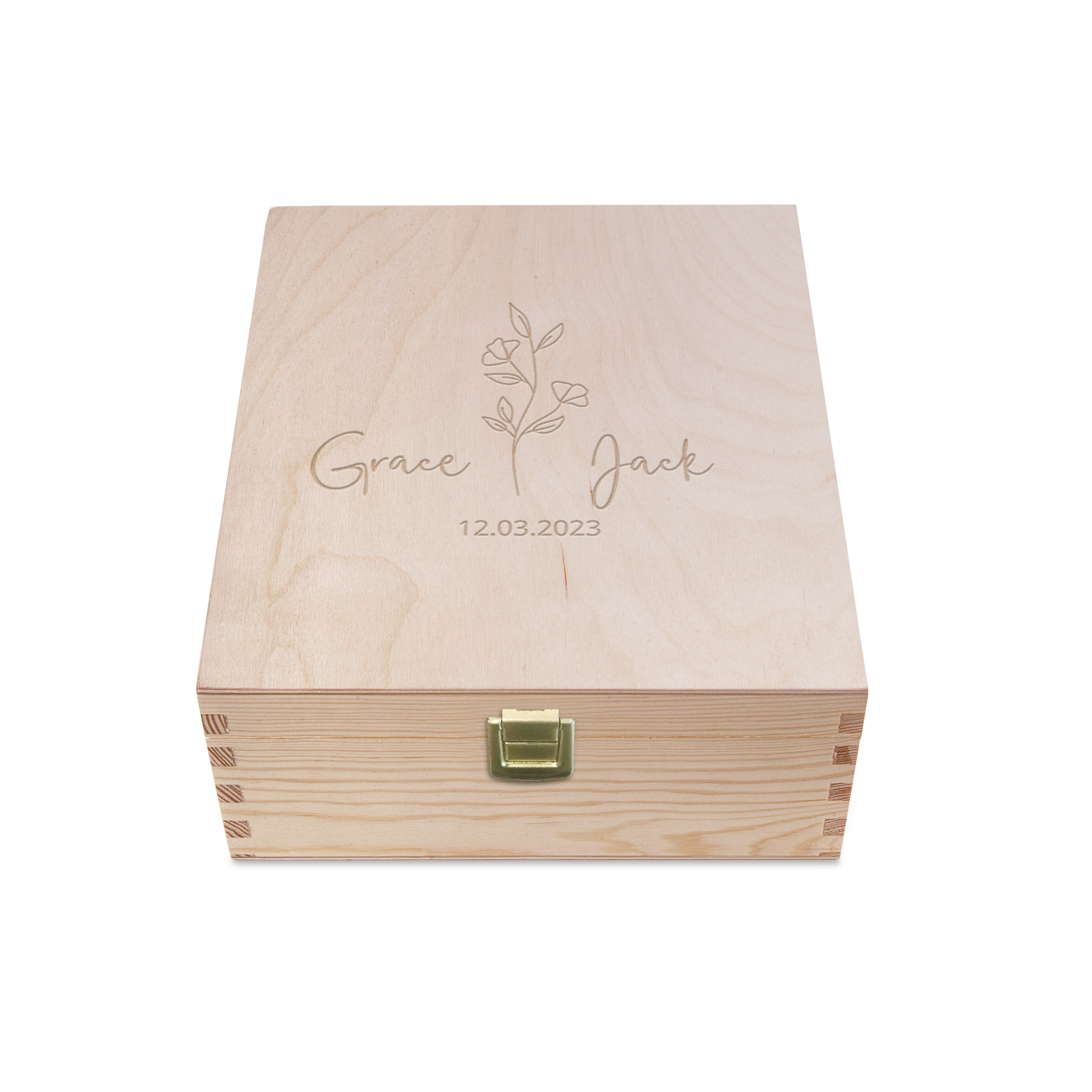 Caja de té grabada de madera con nombres Grace y Jack, fecha 12.03.2023 y adorno floral, con té Pukka.