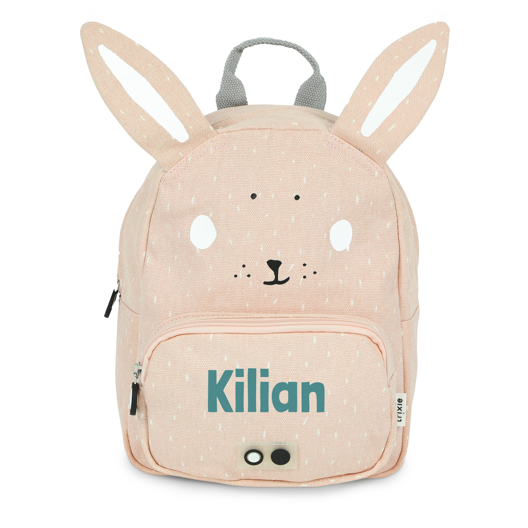 Heller rosa Kindergartenrucksack mit Hasenohren und Hasengesicht, bedruckt mit dem Namen Kilian auf der Fronttasche.