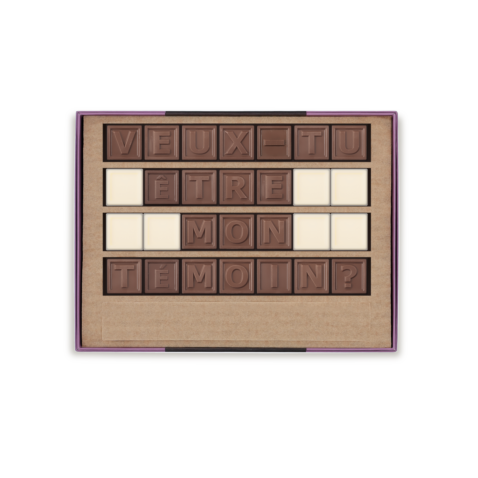 Chocotelegram Veux-tu être mon témoin personnalisable avec des lettres en chocolat au lait et blanc