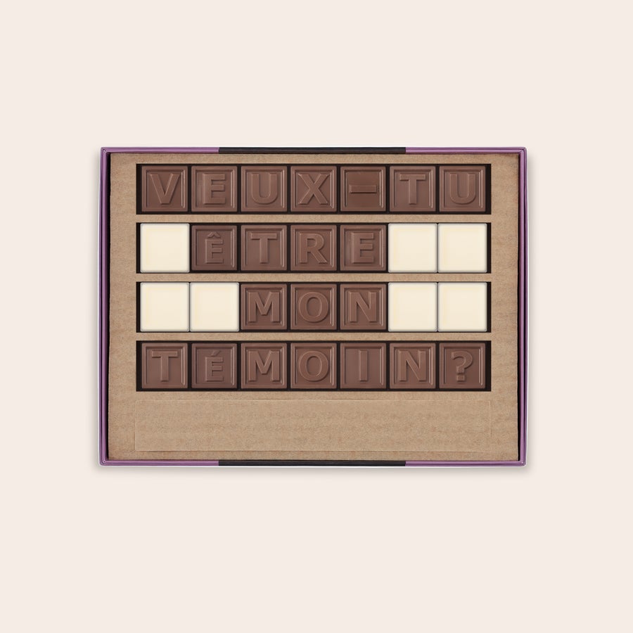 Messages en chocolat - Chocotelegram Chocotelegram Veux-tu être mon témoin personnalisable avec des lettres en chocolat au lait et blanc