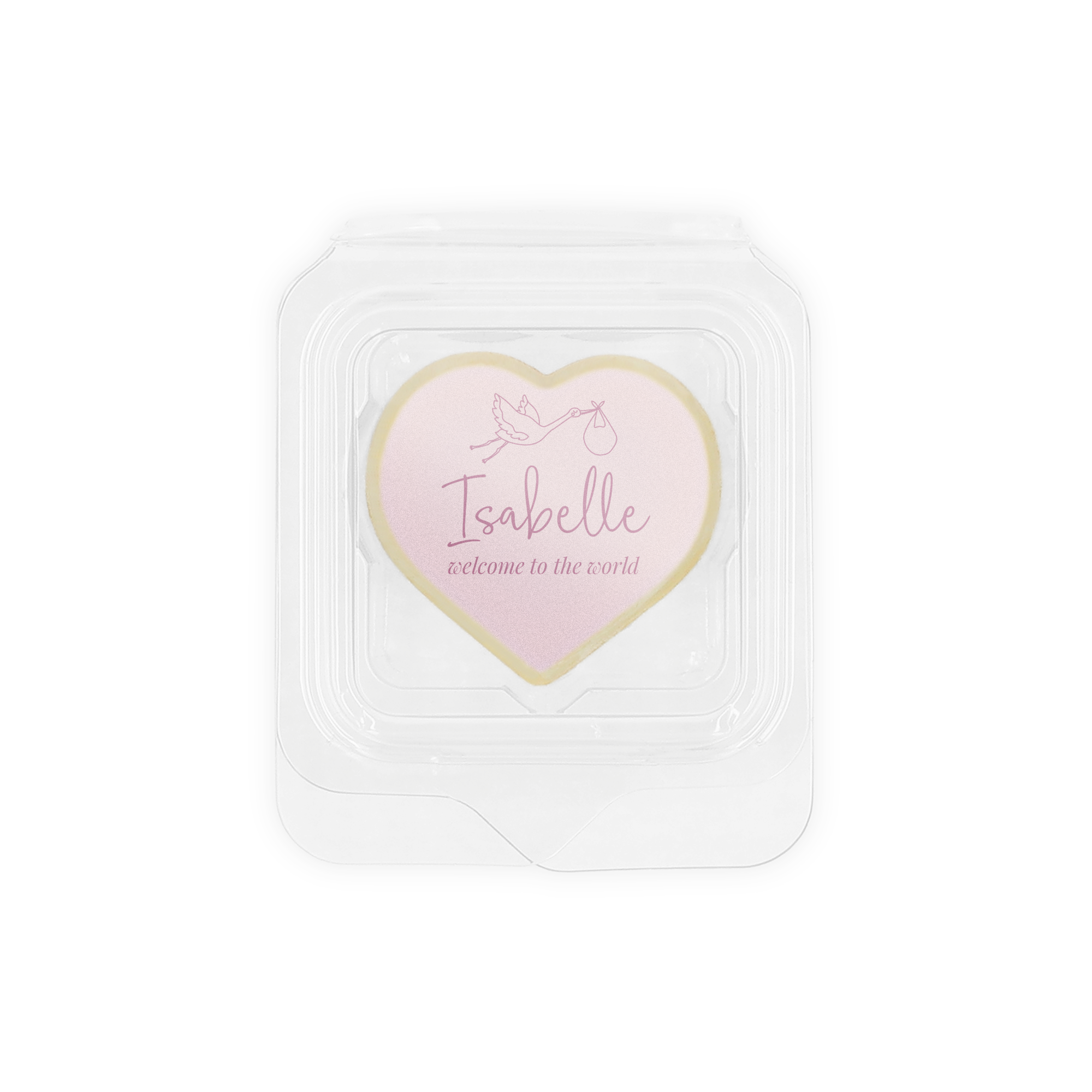 Heart-shaped praline favor printed with Isabelle welcome to the world message and stork image
