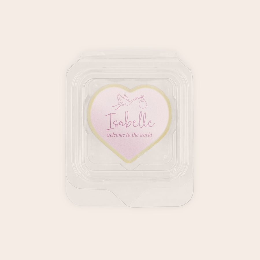 Personalised photo chocolates - Individually wrapped Heart-shaped praline favor printed with Isabelle welcome to the world message and stork image