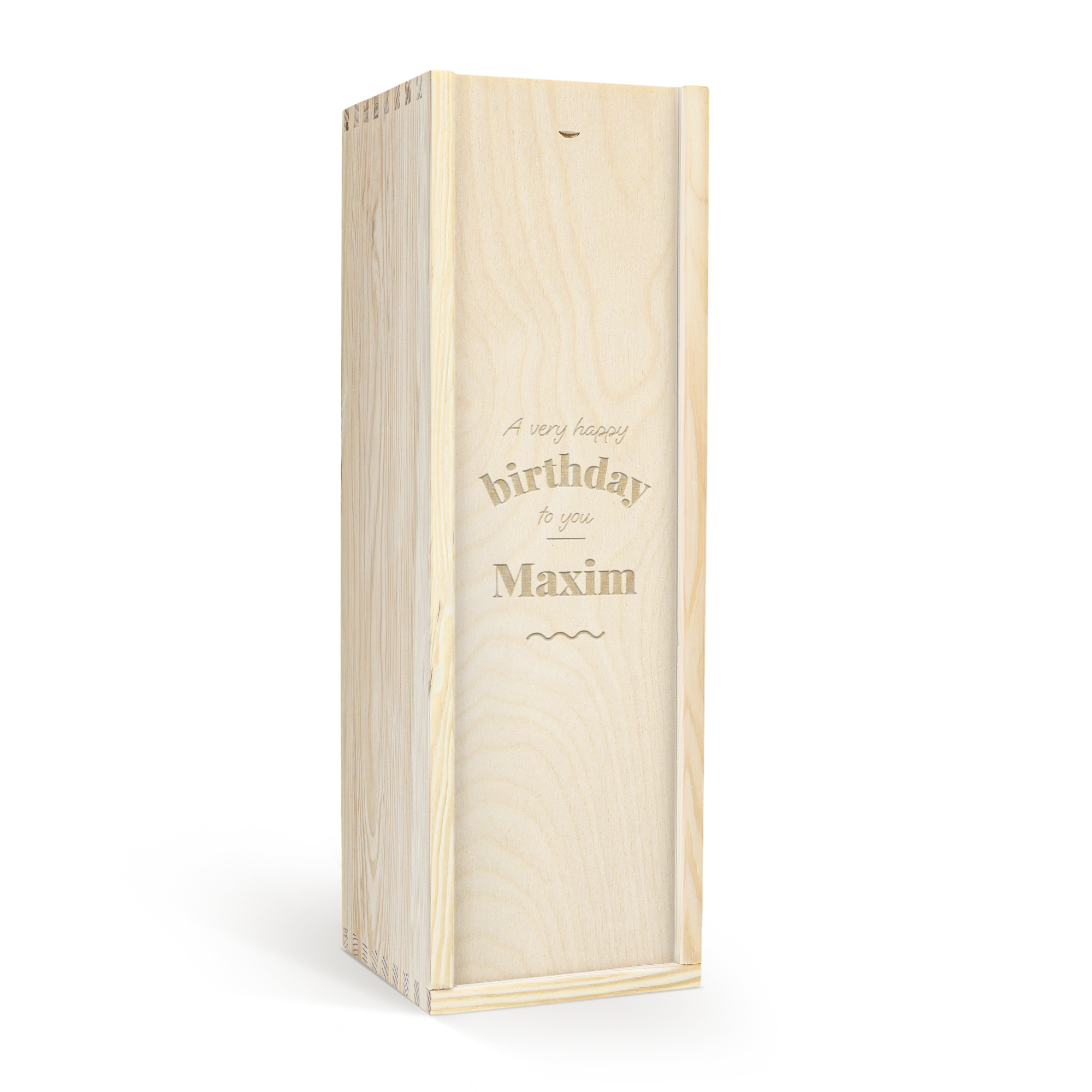 Trææske med gravering a very happy birthday to you Maxim til Bacardi Reserva Ocho rom.