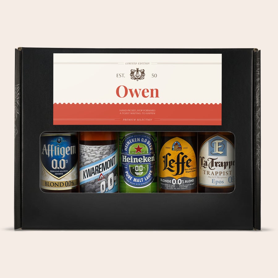 Personalised beer gift set - Non-alcoholic Personalised beer gift set - Non-alcoholic with name Owen printed on the box lid.