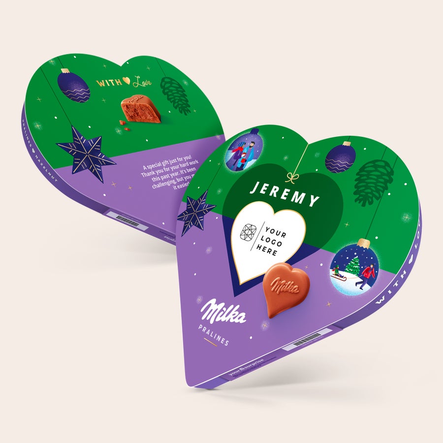 Vianočné srdiečko Milka s menom a fotkou Osobné srdiečko Milka, obal potlačený vianočným motívom, menom Jeremy a vlastným logom, najlepší darček pod vianočný stromček.