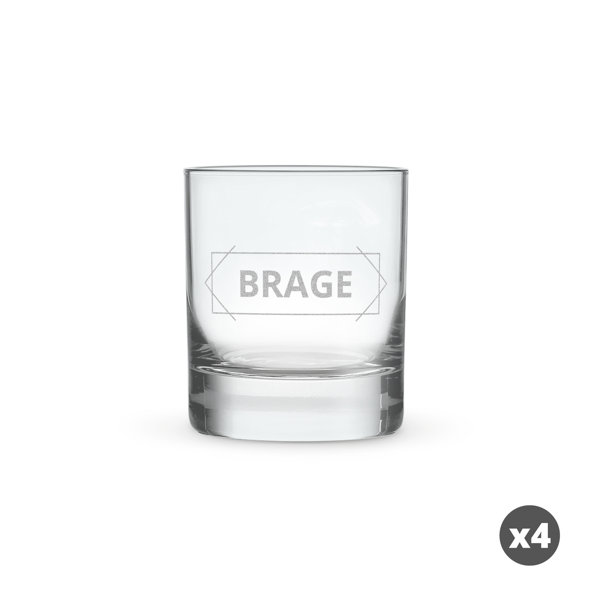 Personlig whiskyglass i mørkt glass, gravert med navnet BRAGE og en dekorativ ramme.