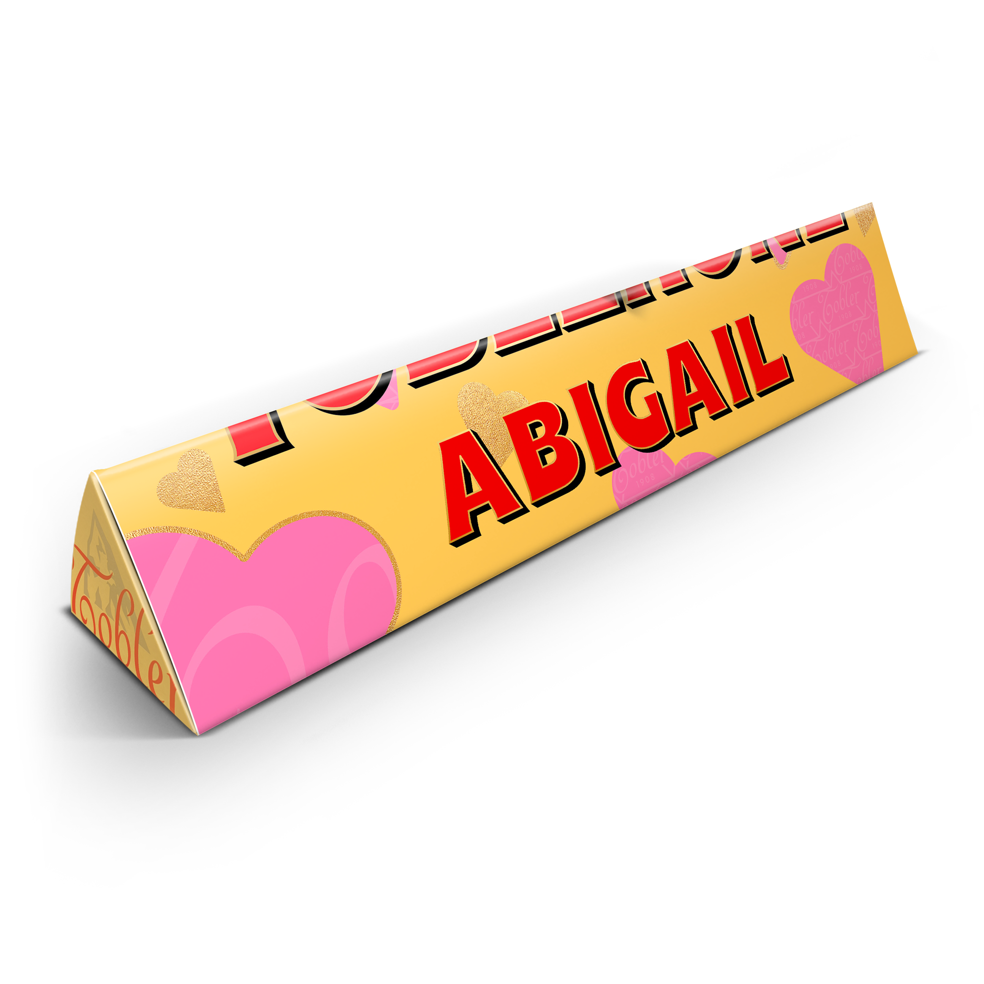 Personalizirana čokoladna tablica Toblerone z imenom Abigail in srčki, natisnjena na ovitku, Kdo potrebuje Kupida, ko imate to okusno bar Toblerone z imenom in fotografijo.