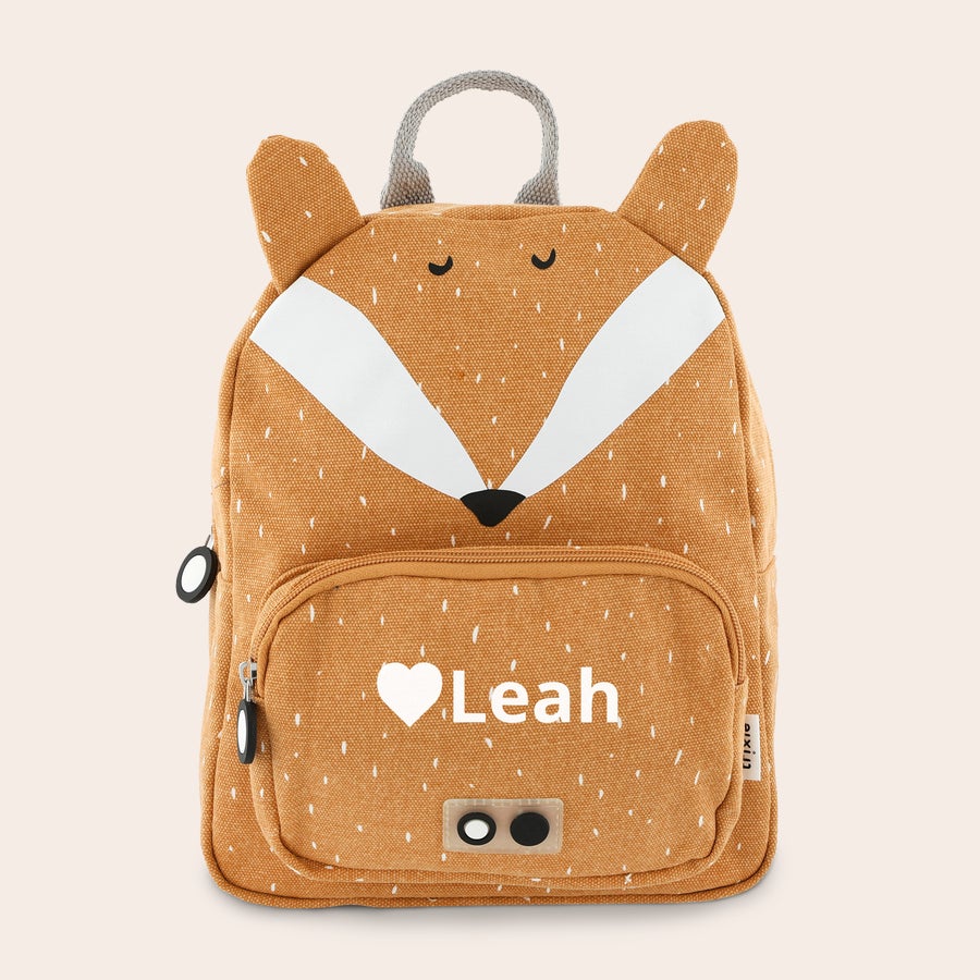 Mochila infantil personalizada - Trixie Mochila infantil con diseño de zorro, color naranja, personalizada con el nombre Leah impreso en blanco.