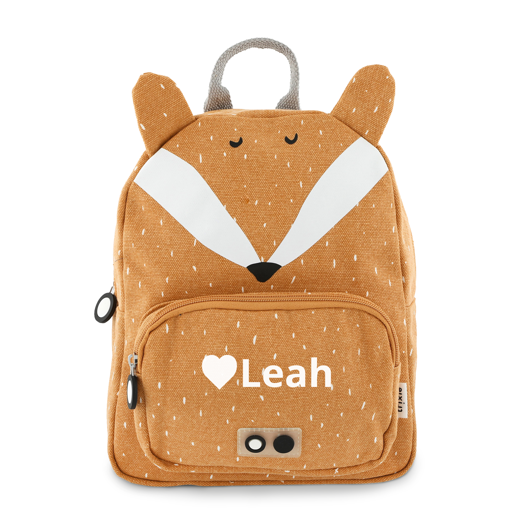 Zaino per bambini a forma di volpe con nome Leah stampato in bianco e un cuore bianco