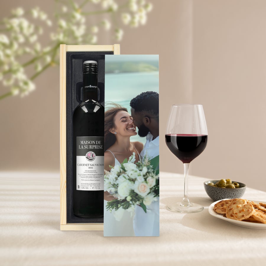 Personalised Wine - Maison de la Surprise - Cabernet Sauvignon Maison de la Surprise Cabernet Sauvignon in a deluxe wooden case, printed with a personalized photo of a couple.