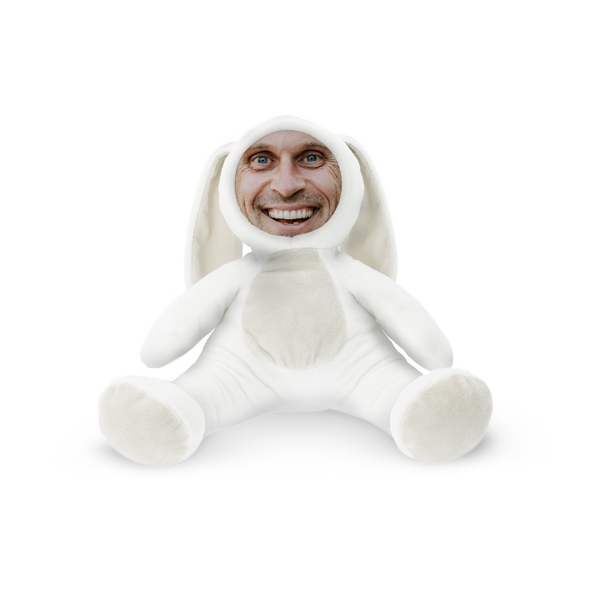 Vit personlig ItsieMe kanin med foto, tryckt med en glad mans ansikte som dess nya huvud