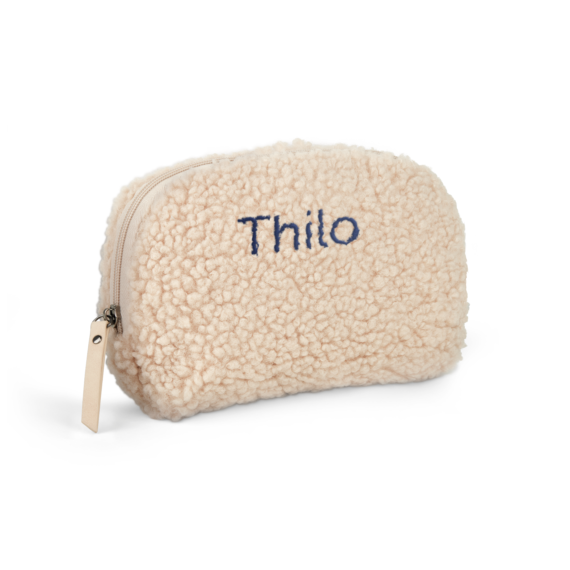 Weiche Teddy-Kulturtasche in Beige, bestickt mit dem Namen Thilo in Dunkelblau, mit Reißverschluss