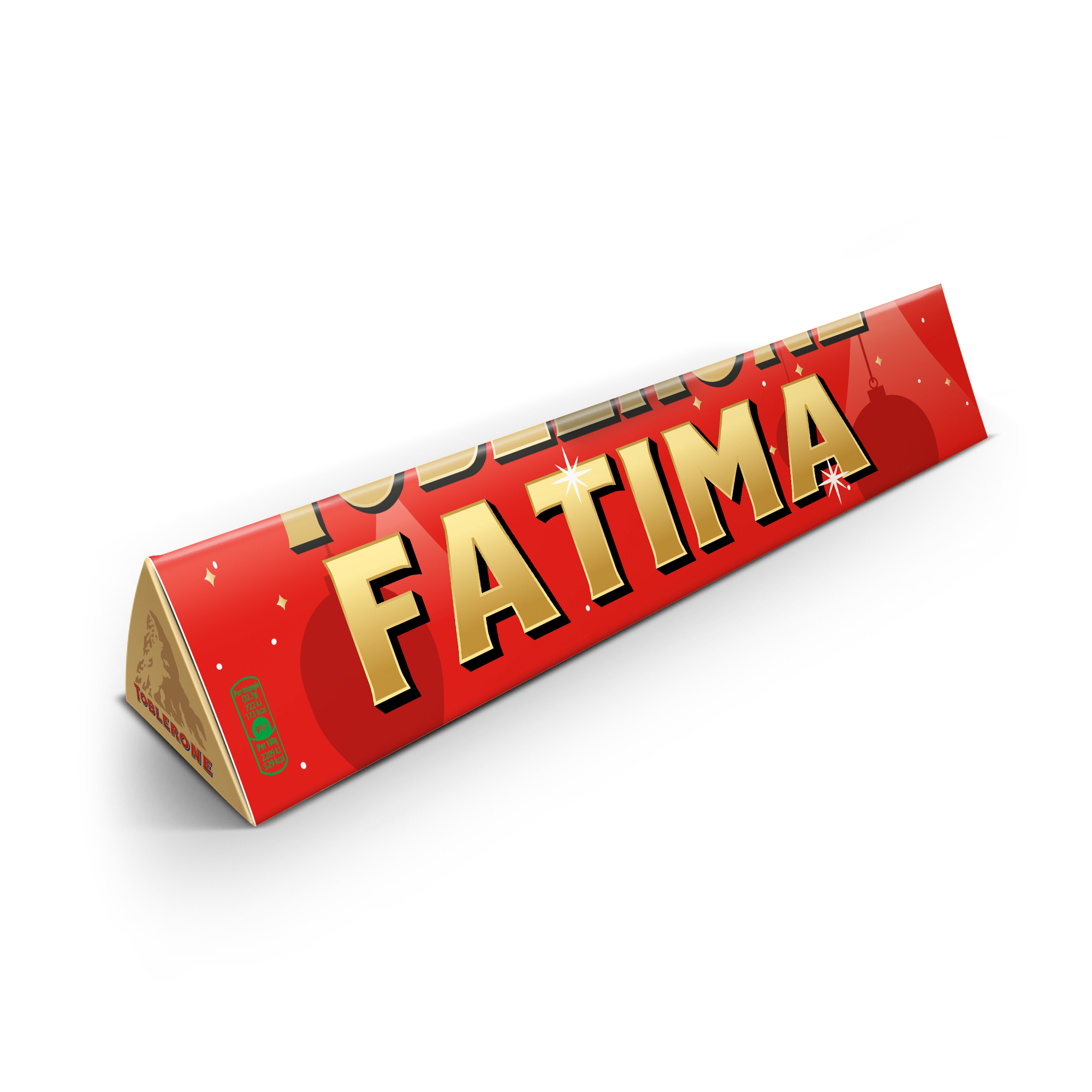 Barre de chocolat Toblerone de Noël personnalisée avec le nom FATIMA imprimé en doré